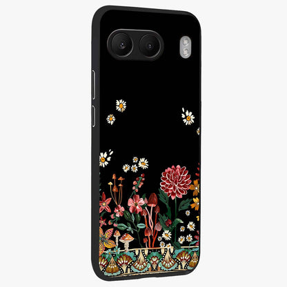 Midnight Bloom Pattern Glass Case for 1+Nord 4 side perspective highlighting intricate floral textures and premium edges