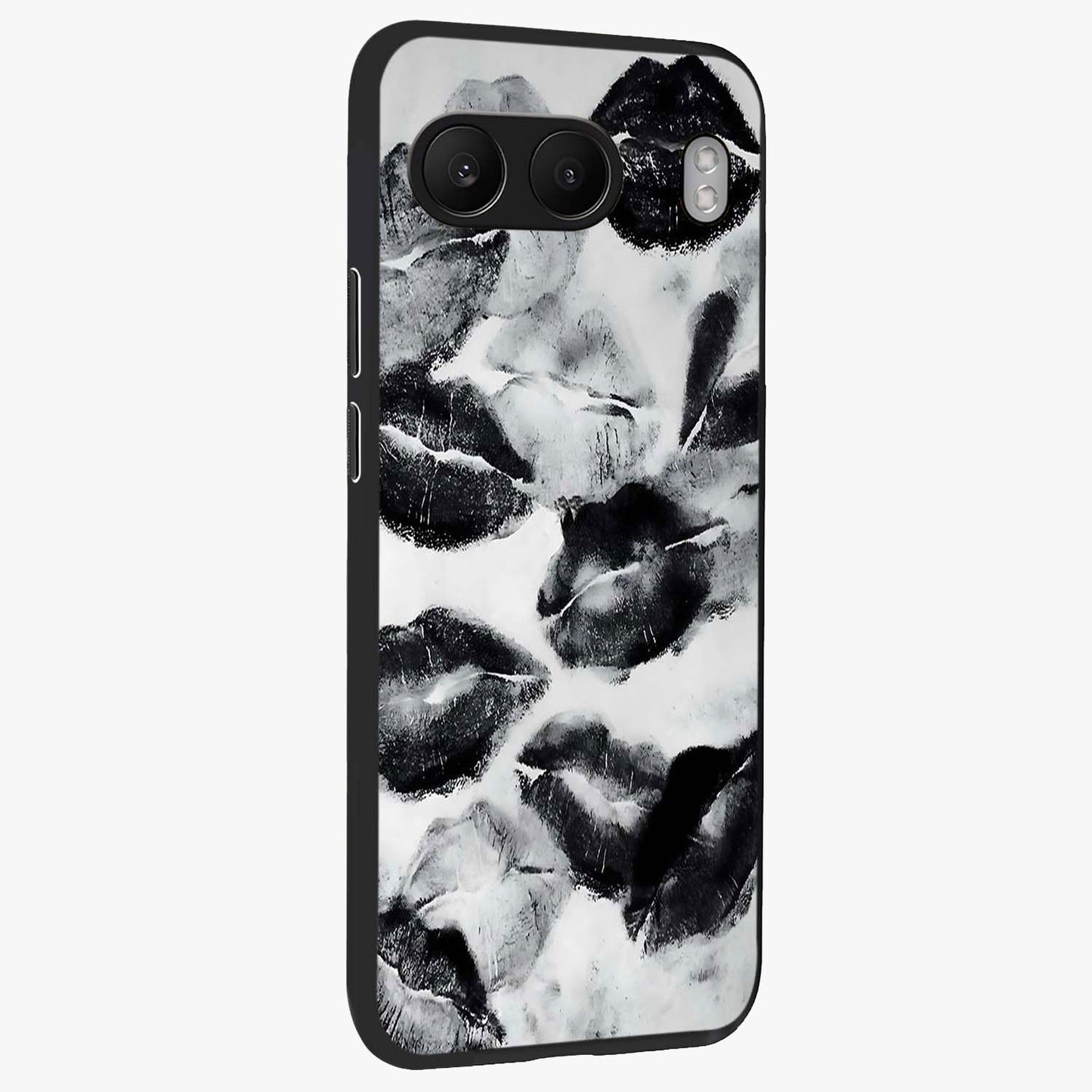 Midnight Kiss Marks Glass Case for 1+Nord 4 side perspective highlighting playful detailing and premium edge finish