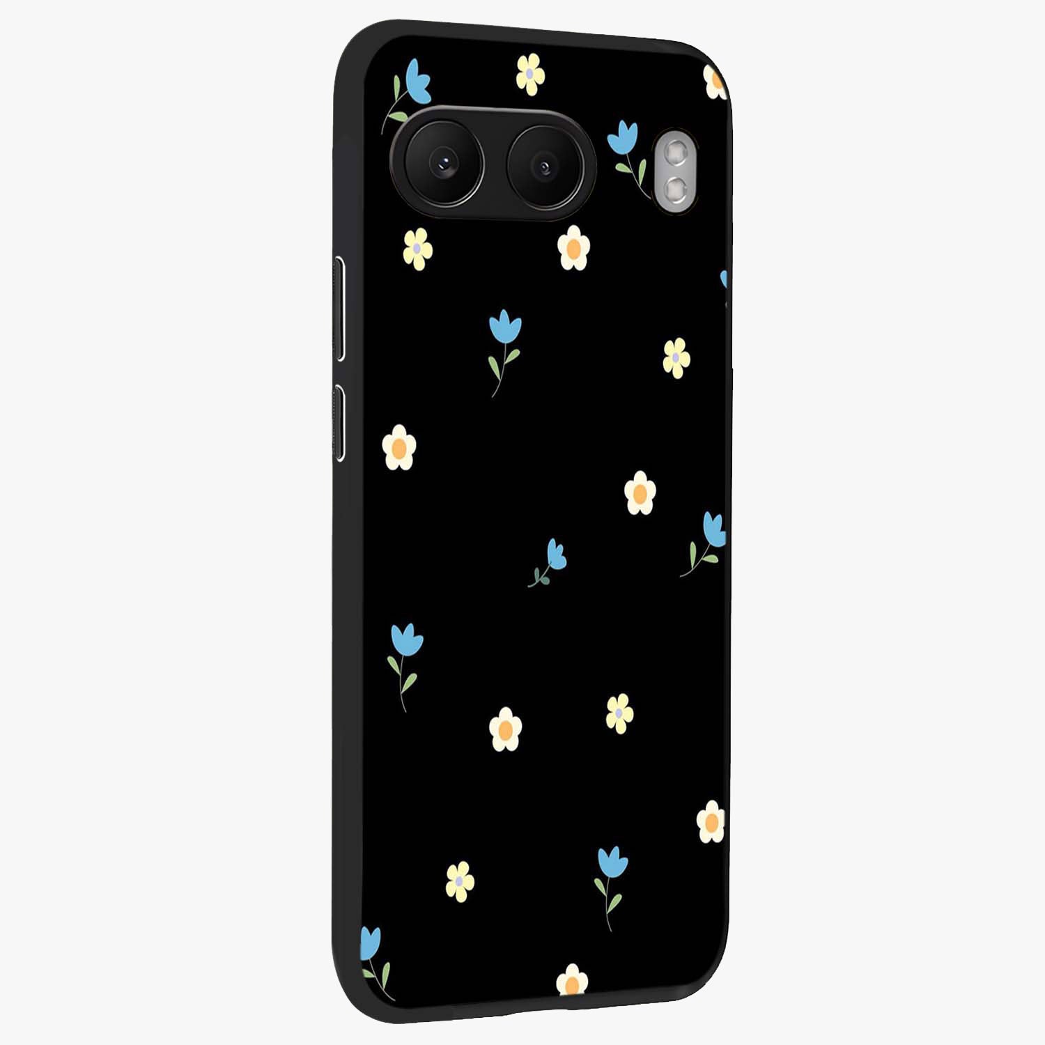 Minimalistic Blue With White Flower Pattern Glass Case for 1+Nord 4 side perspective highlighting subtle floral textures and premium edges