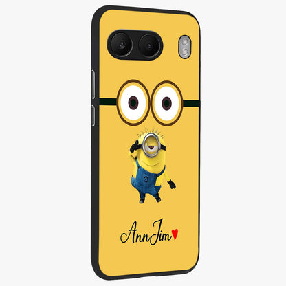 Minion Custom Name Glass Case for 1+Nord 4 side perspective highlighting custom typography and smooth premium build