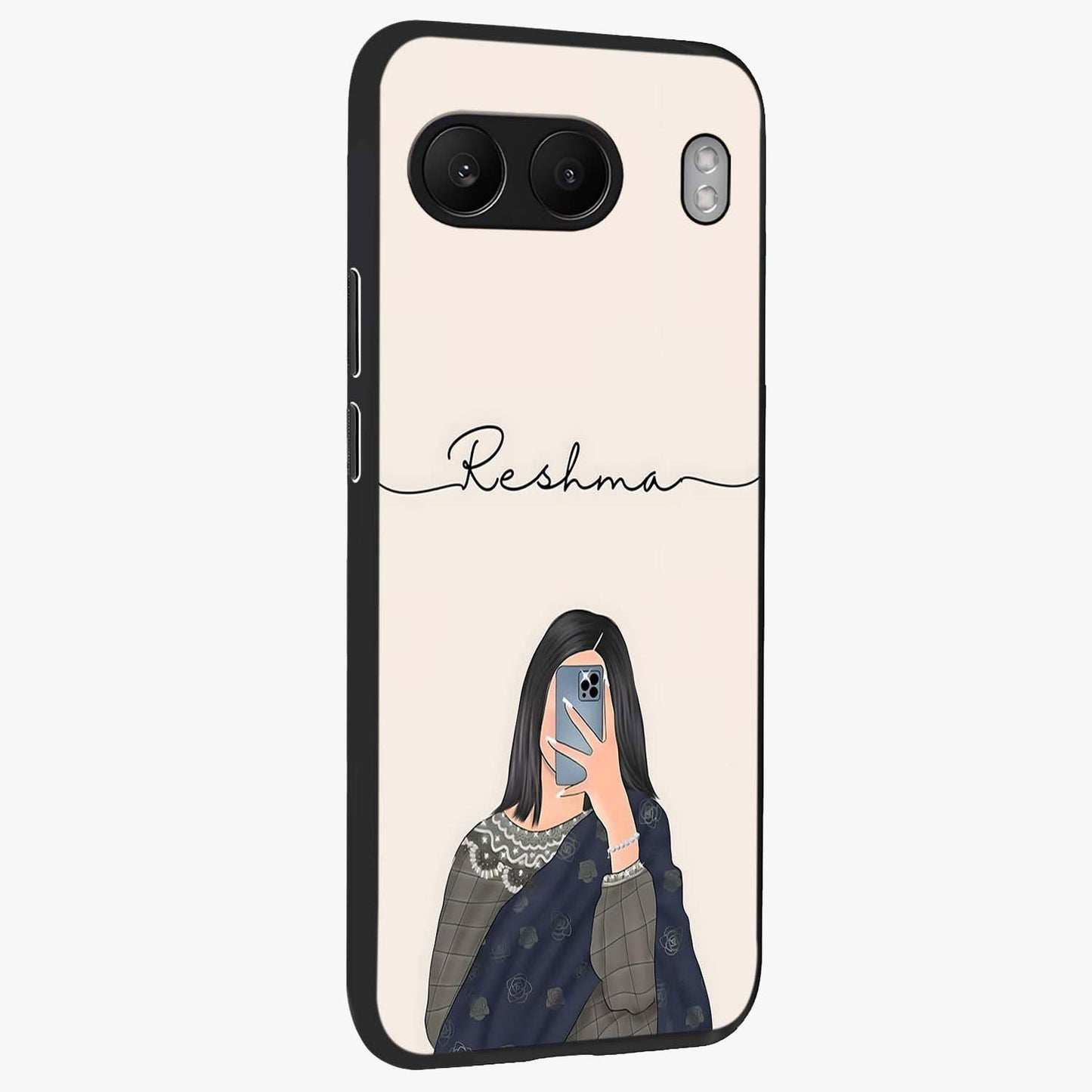 Mirror Mood Muse With Custom Name Glass Case for 1+Nord 4 side perspective highlighting custom text detailing and premium edges