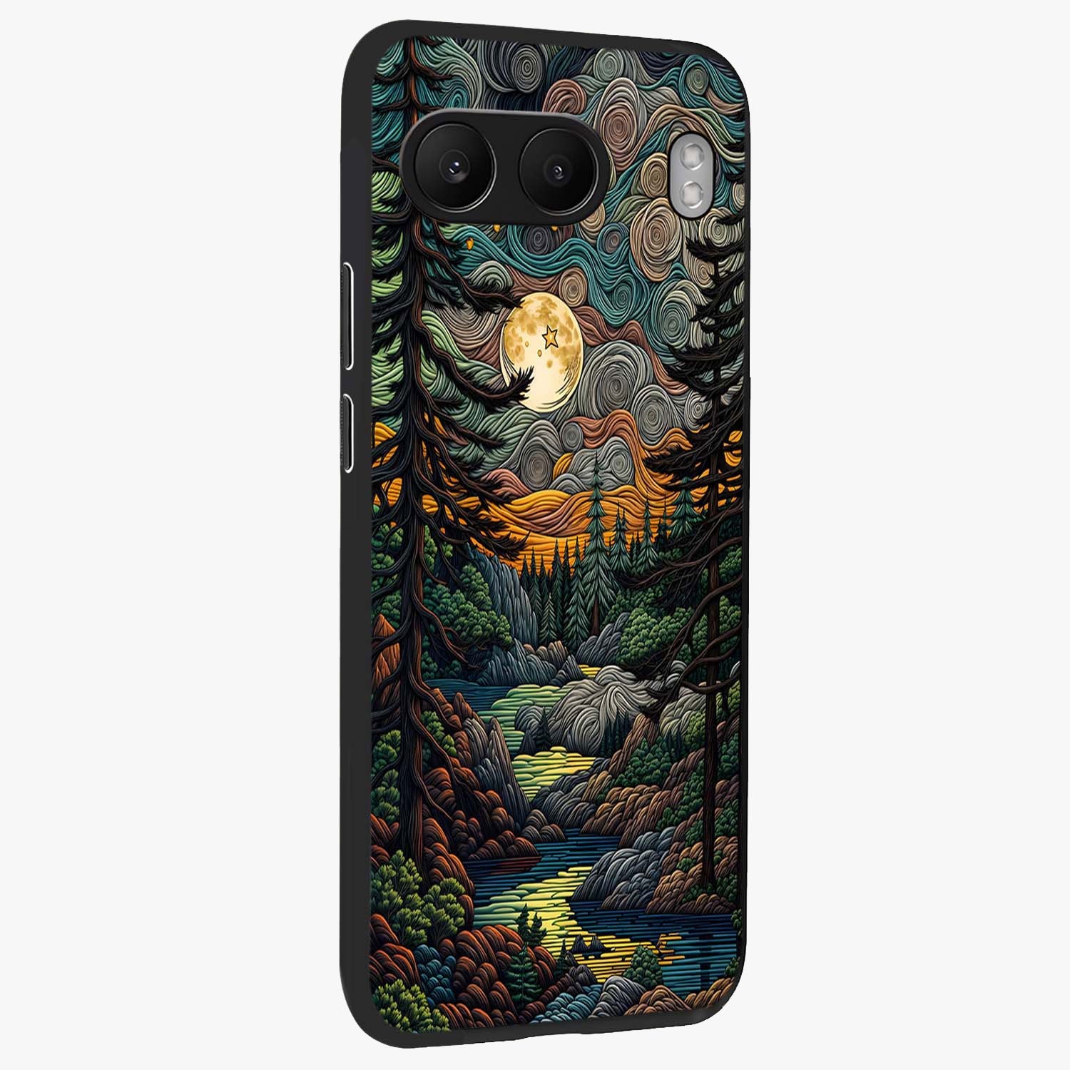 Moonlight Forest Dream Glass Case for 1+Nord 4 side perspective highlighting serene woodland textures and smooth premium build