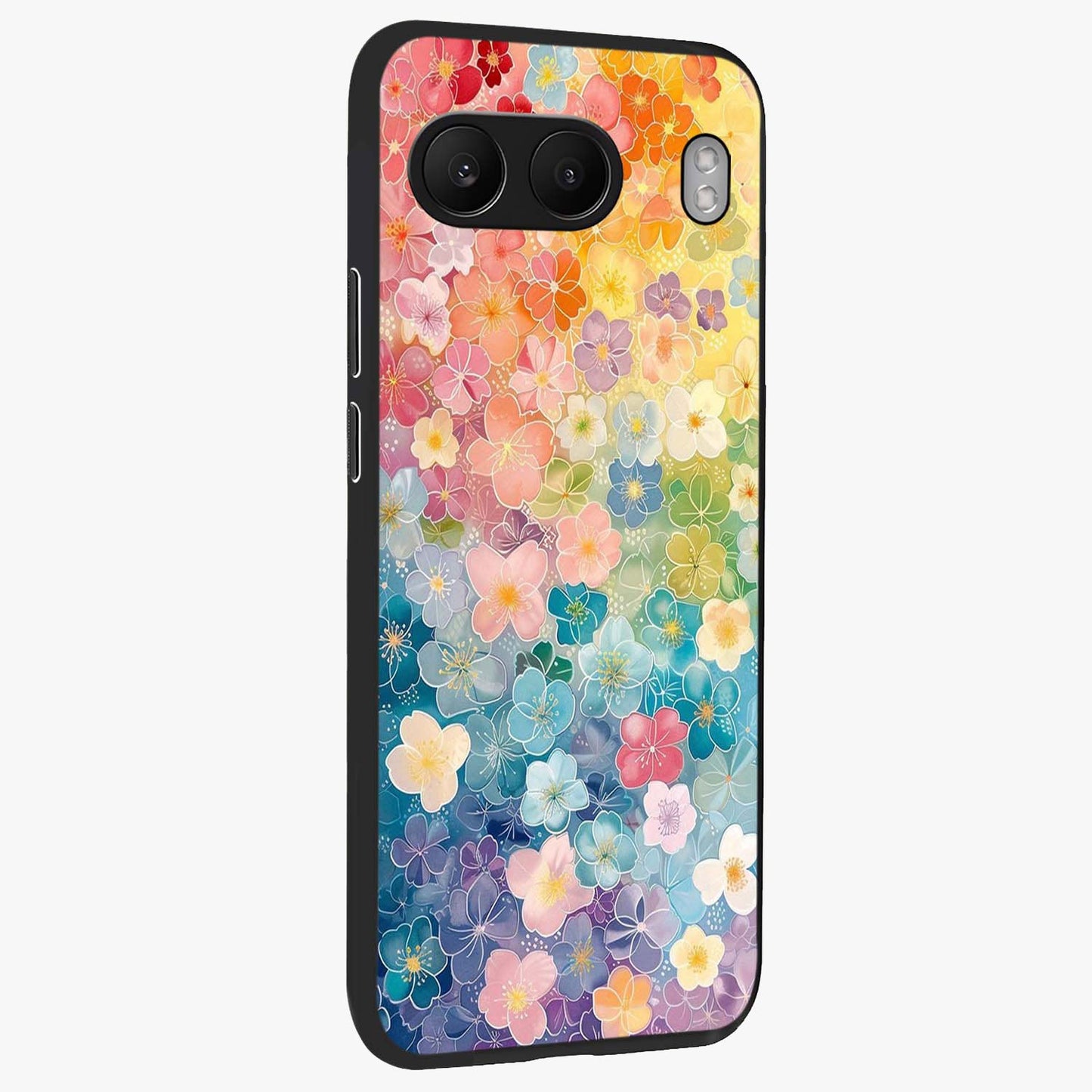 Multiple Background With Flower Glass Case for 1+Nord 4 side perspective highlighting rich floral textures and premium edges