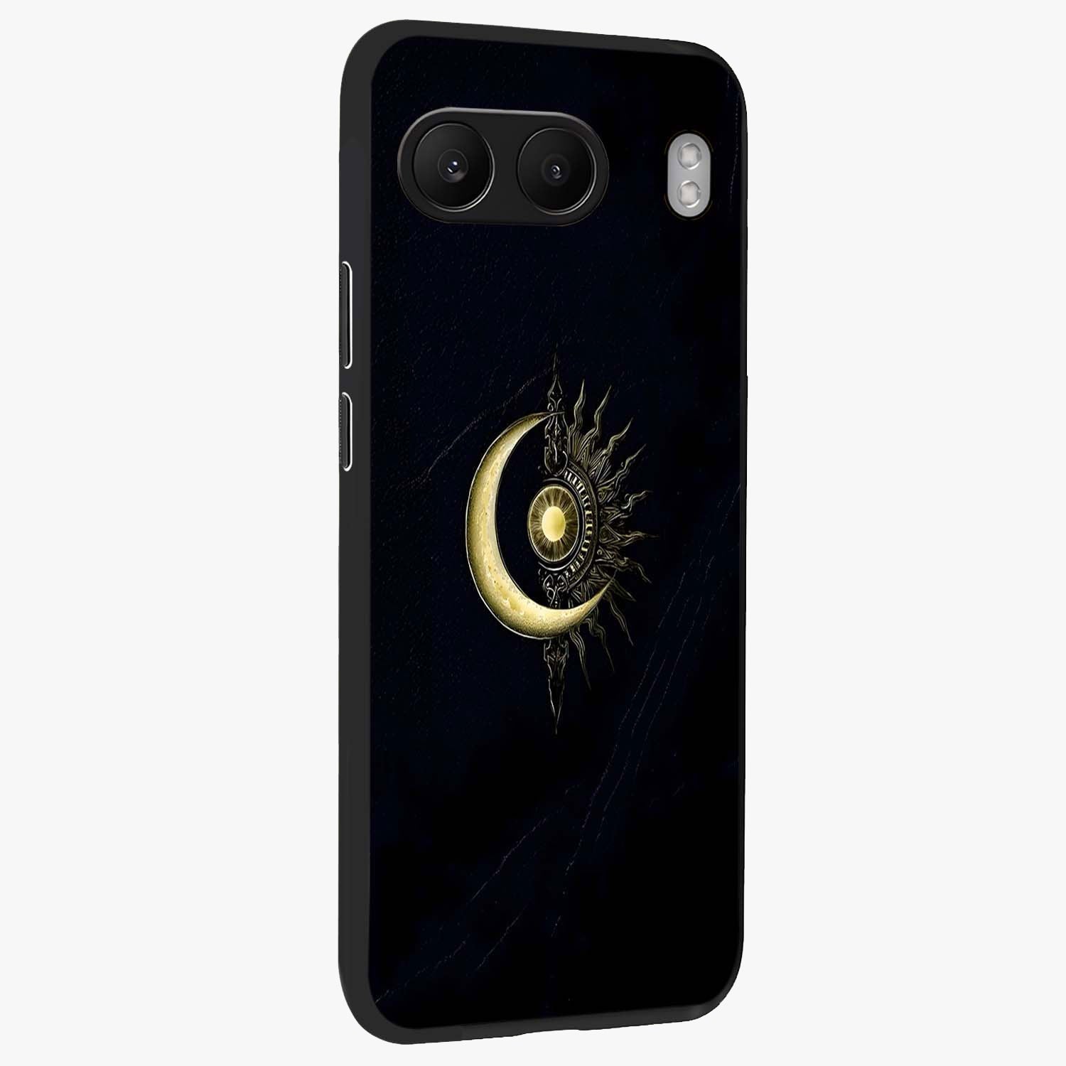 Mystic Lunar Flame Glass Case for 1+Nord 4 side perspective highlighting intense flame textures and premium build