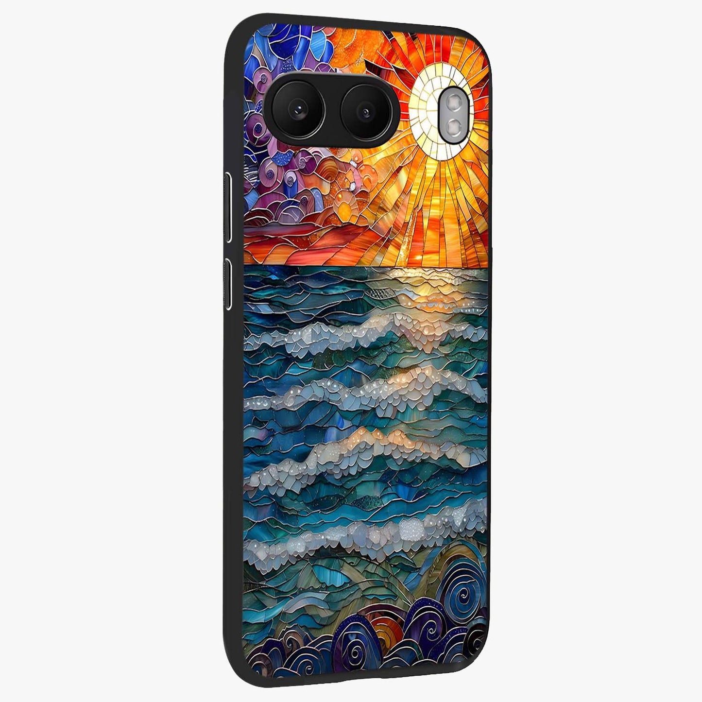 Ocean Mosaic Art Glass Case for 1+Nord 4 side perspective highlighting intricate tile textures and smooth build