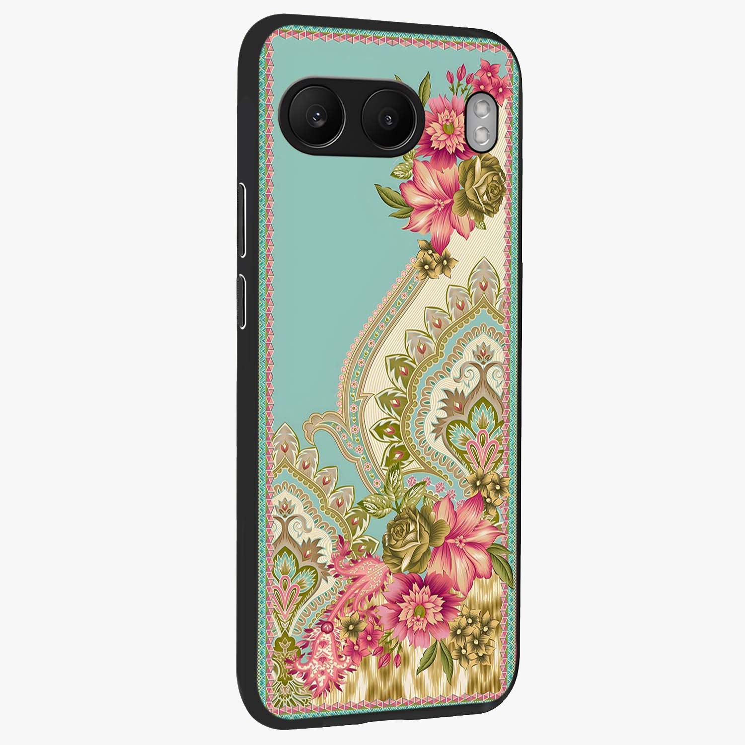 Ornate Mughal Floral Pattern Glass Case for 1+Nord 4 side perspective highlighting detailed ornamental textures and sleek build