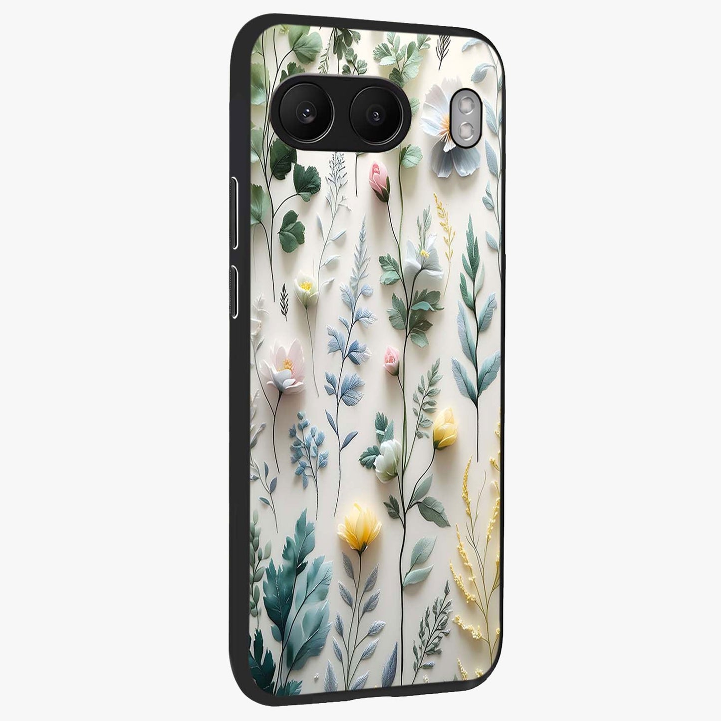 Pastel Garden Whispers Glass Case for 1+Nord 4 side perspective highlighting refined textures and smooth build