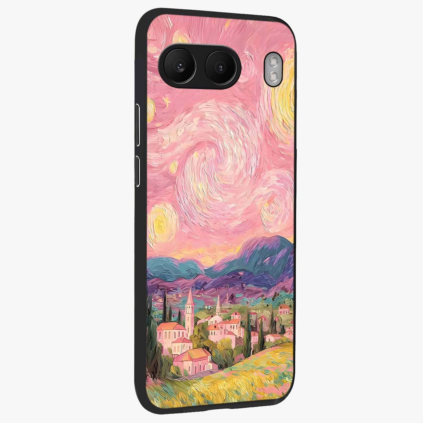 Pastel Starry Village Glass Case for 1+Nord 4 side perspective highlighting serene scenic textures and premium edges