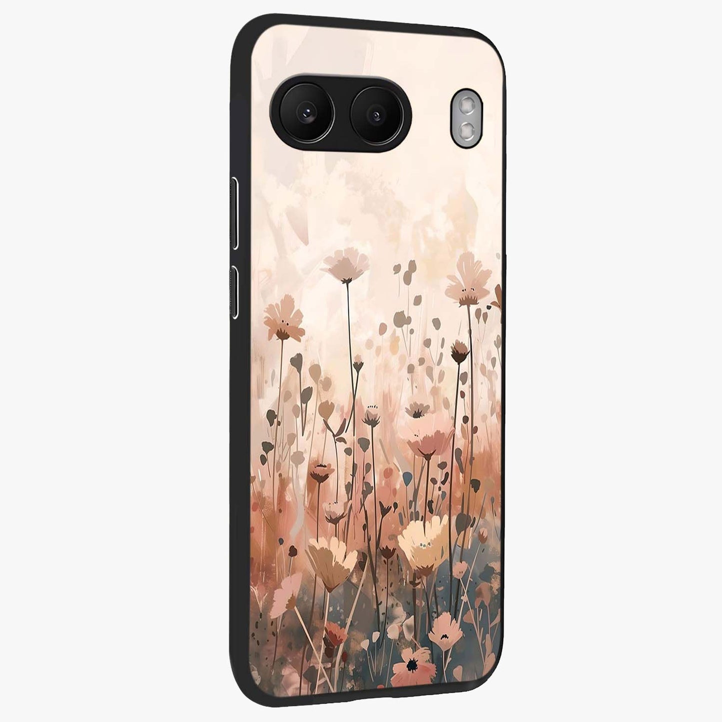 Pastel Wildflowers Glass Case for 1+Nord 4 side perspective highlighting vibrant bloom textures and smooth premium build