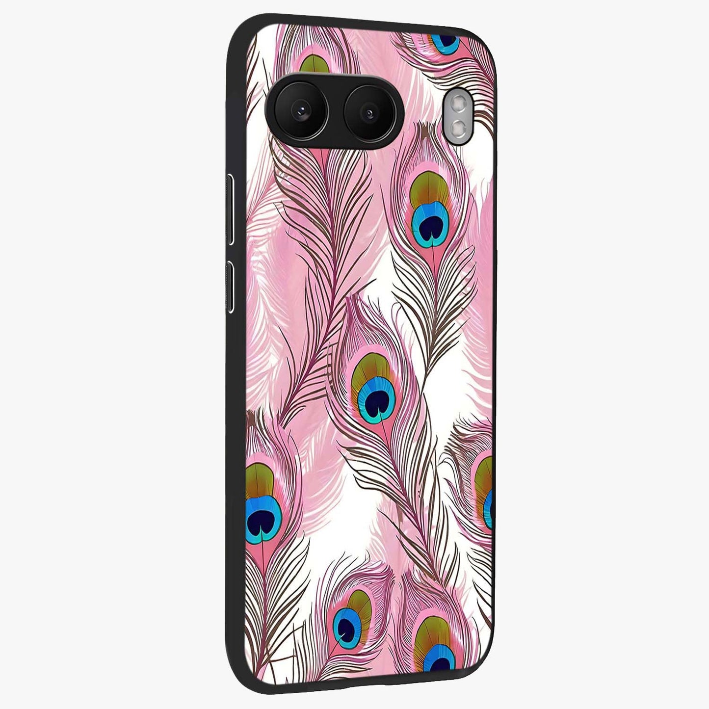 Peacock Feathers Floating Glass Case for 1+Nord 4 side perspective highlighting soft feather textures and smooth build