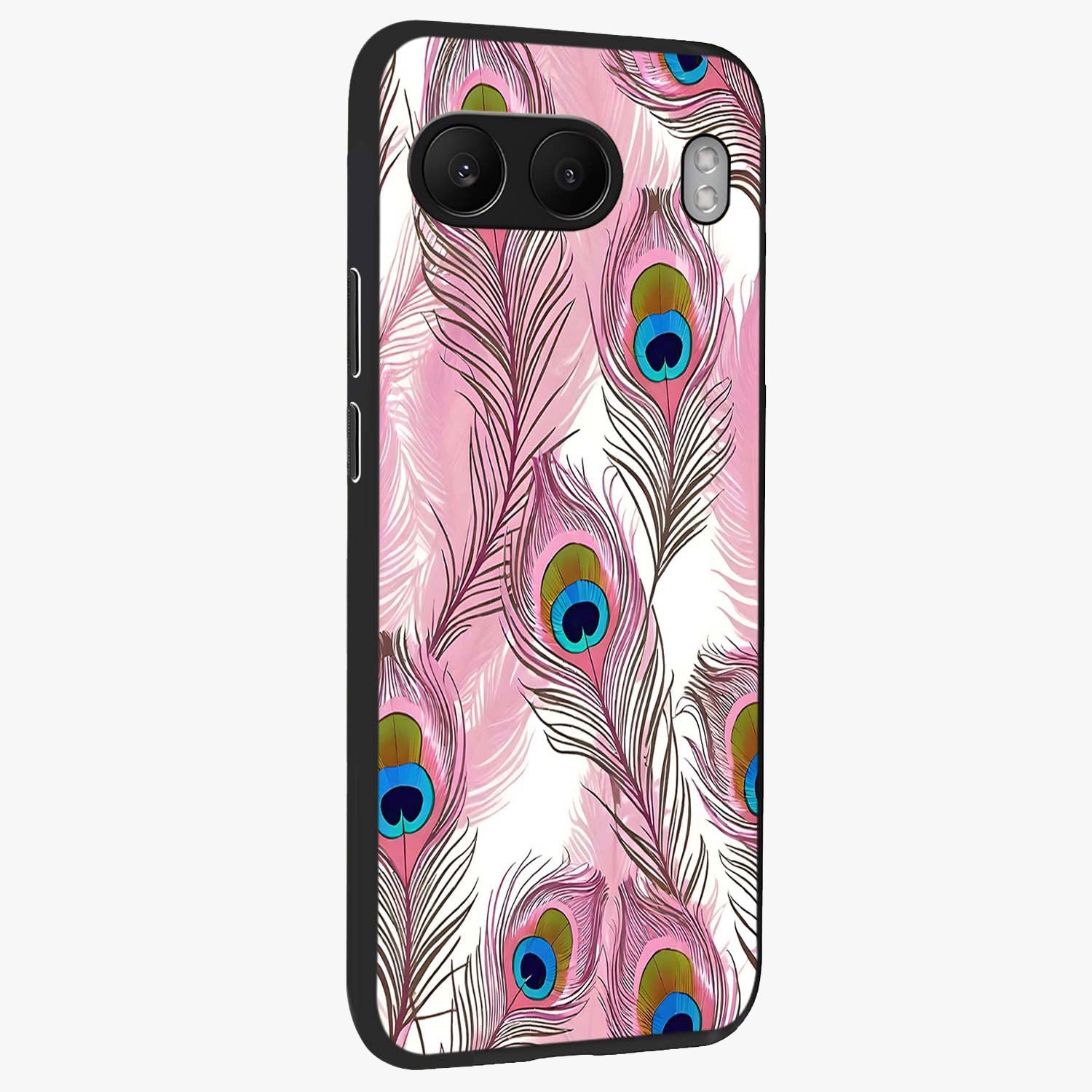 Peacock Feathers Floating Glass Case for 1+Nord 4 side perspective highlighting soft feather textures and smooth build
