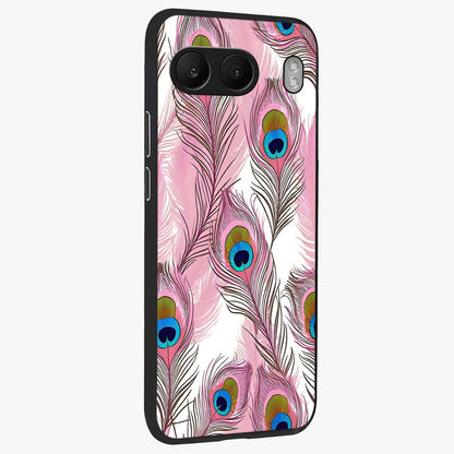Peacock Feathers Floating Glass Case for 1+Nord 4 side perspective highlighting soft feather textures and smooth build