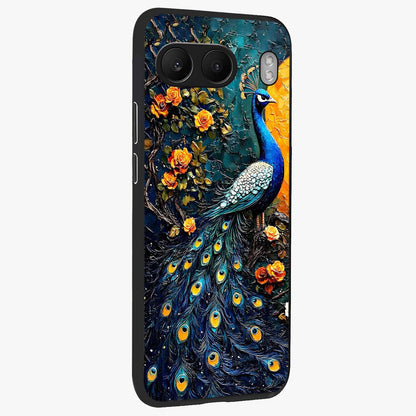 Peacock With Yellow Moon Glass Case for 1+Nord 4 side perspective highlighting vibrant plumage detailing and premium edges