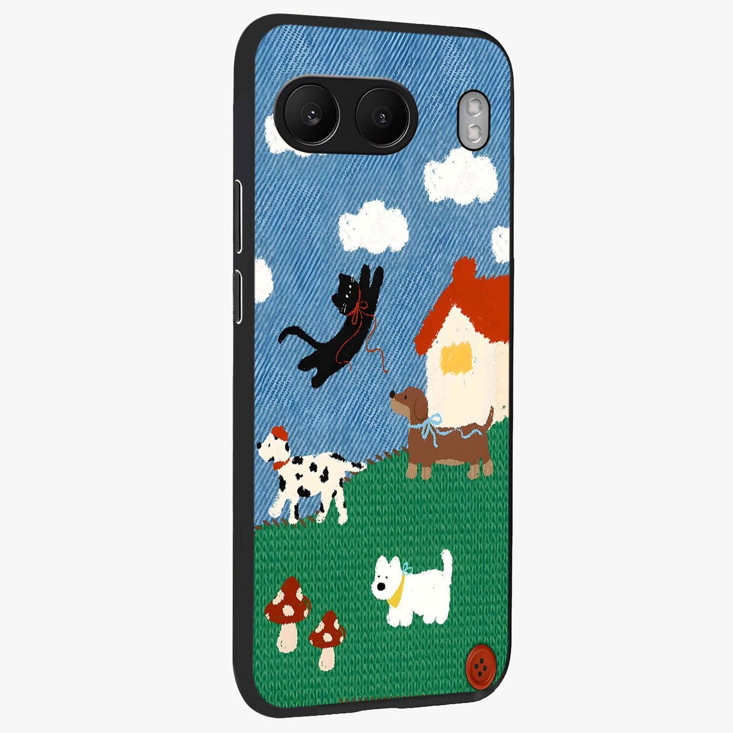 Pet Adventures Glass Case for 1+Nord 4 side perspective highlighting charming illustration textures and premium edges