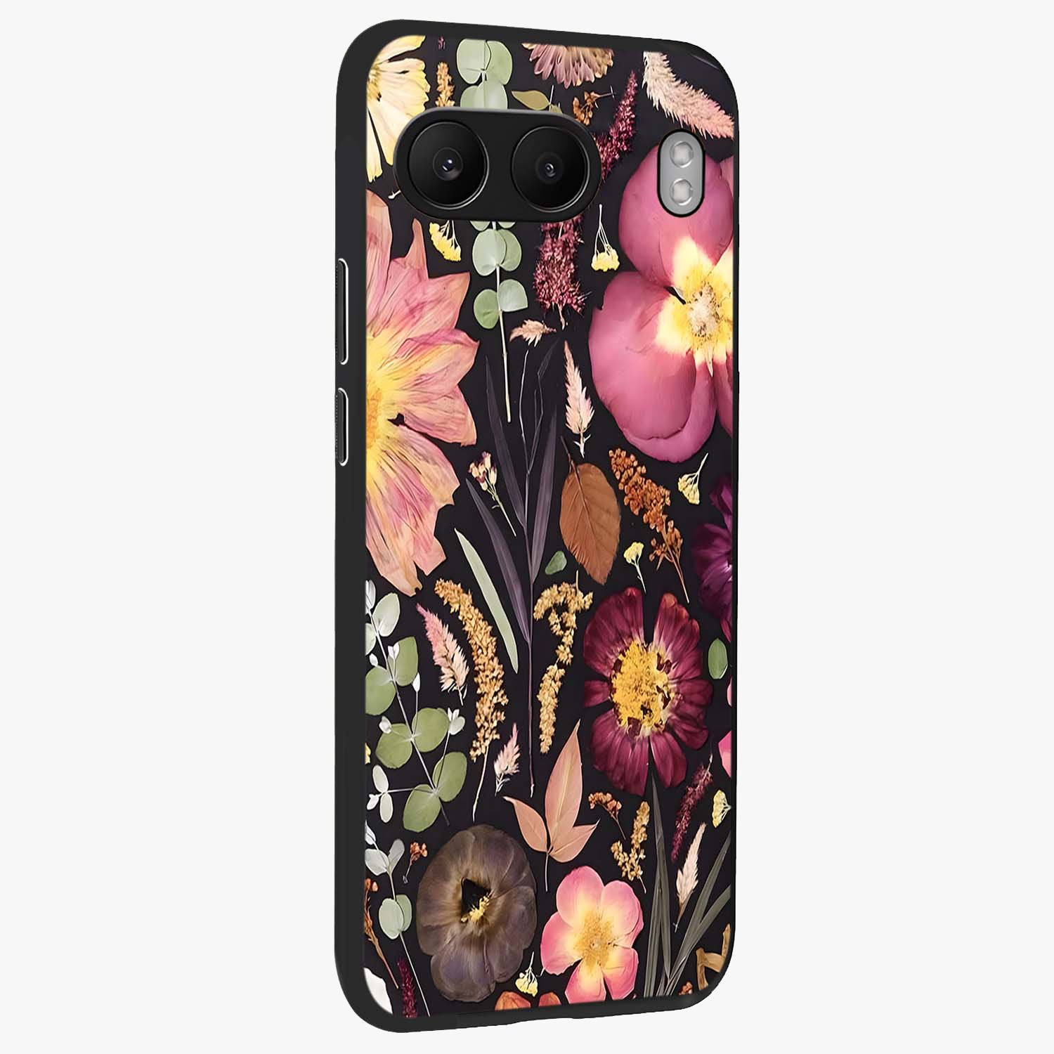 Petal Dream Tapestry Glass Case for 1+Nord 4 side perspective highlighting woven floral textures and sleek build