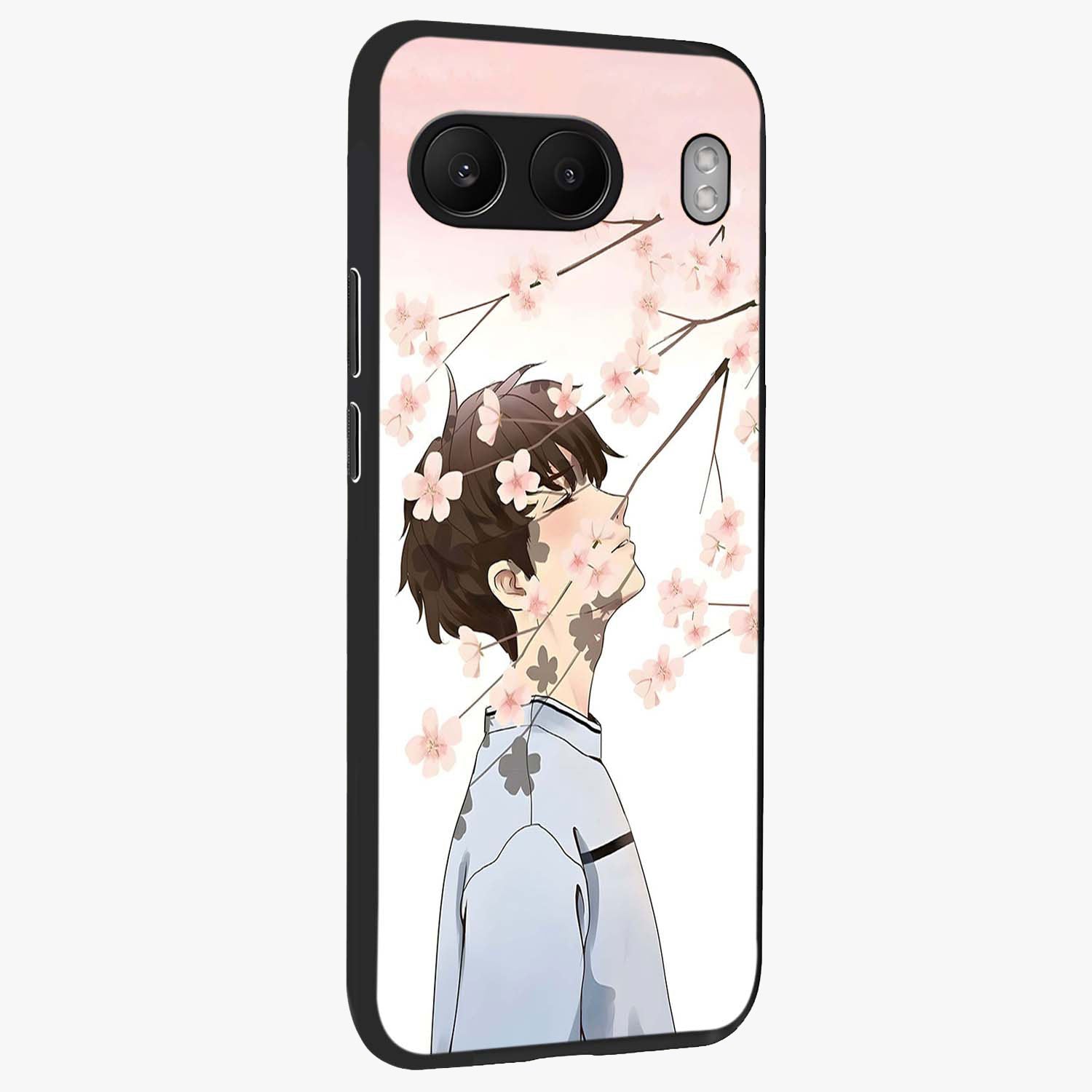 Pink Blossom Boy Glass Case for 1+Nord 4 side perspective highlighting delicate floral textures and sleek build