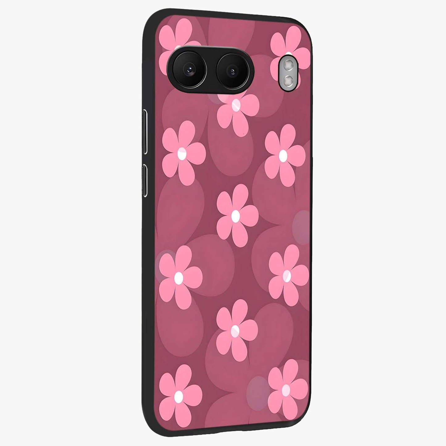 Pink Daisy Flower Pattern Glass Case for 1+Nord 4 side perspective highlighting bright floral textures and smooth build