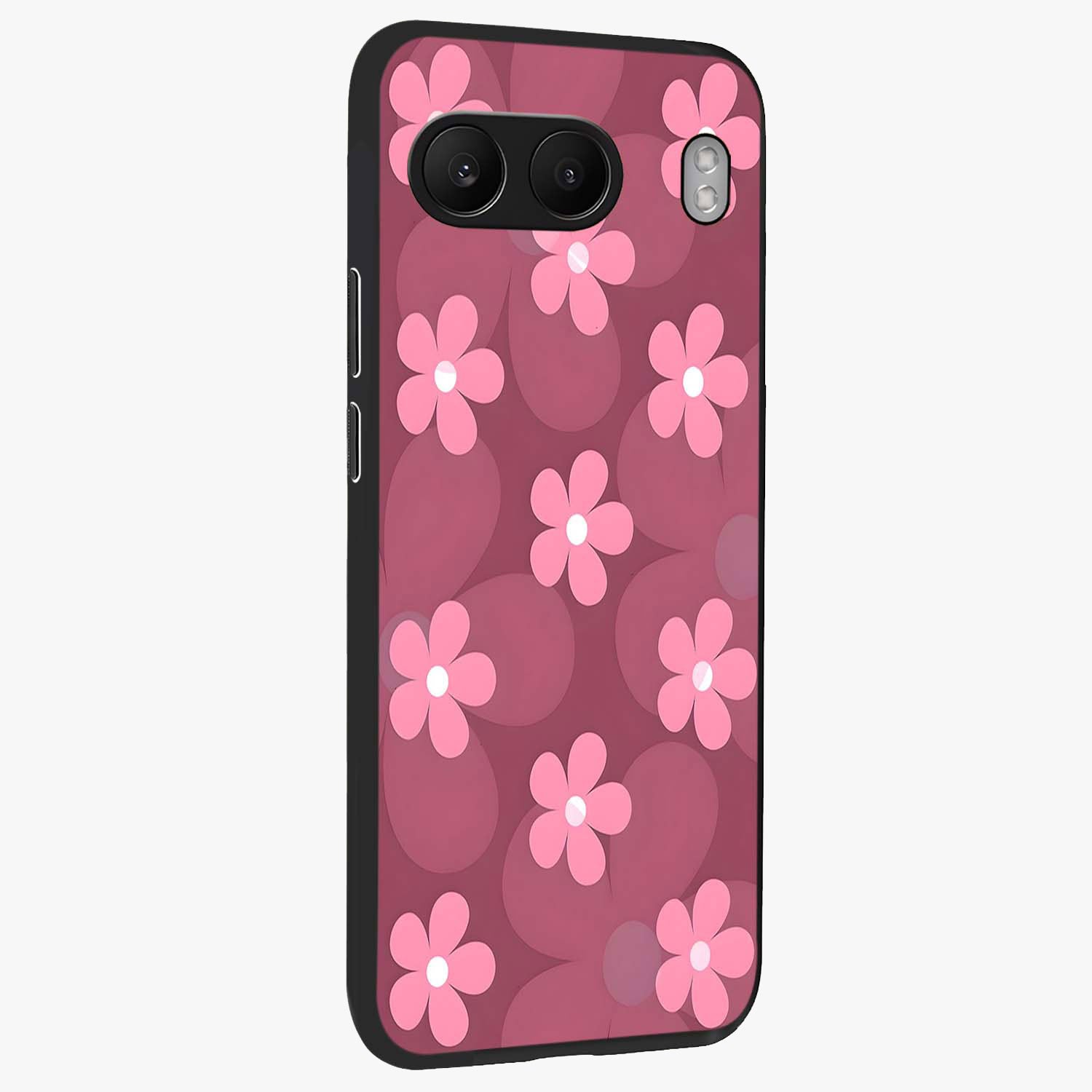 Pink Daisy Flower Pattern Glass Case for 1+Nord 4 side perspective highlighting bright floral textures and smooth build