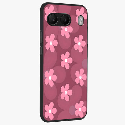 Pink Daisy Flower Pattern Glass Case for 1+Nord 4 side perspective highlighting bright floral textures and smooth build