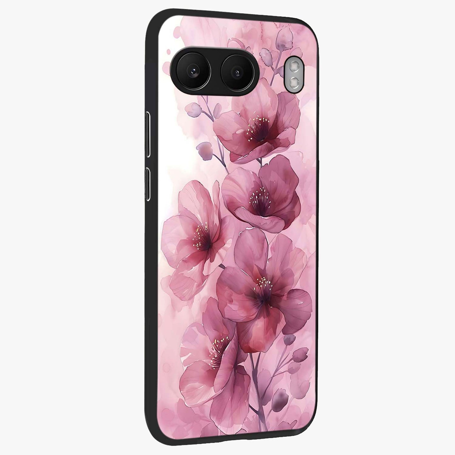 Pink Floral Glass Case for 1+Nord 4 side perspective highlighting subtle floral textures and premium edges