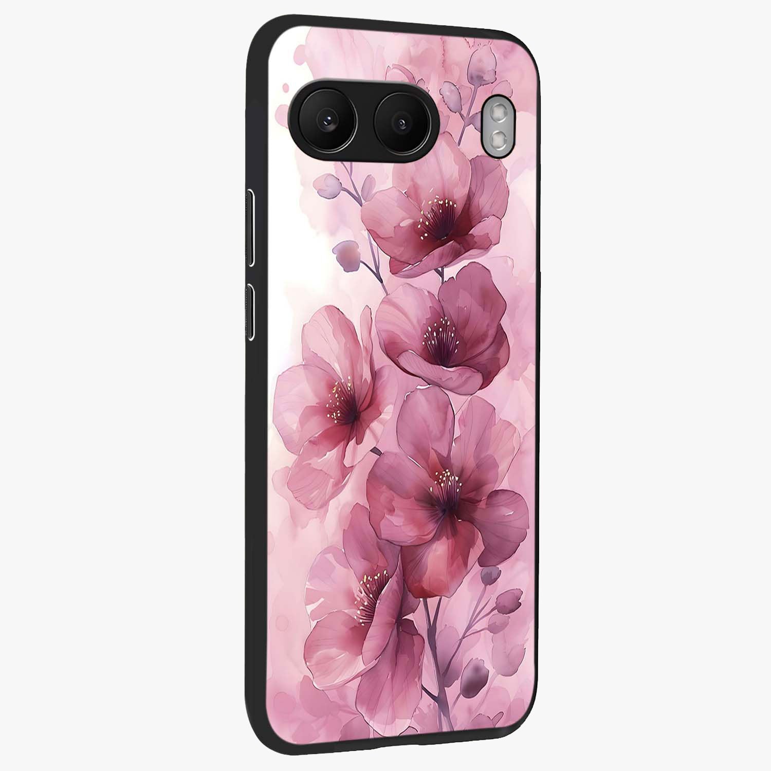 Pink Floral Glass Case for 1+Nord 4 side perspective highlighting subtle floral textures and premium edges