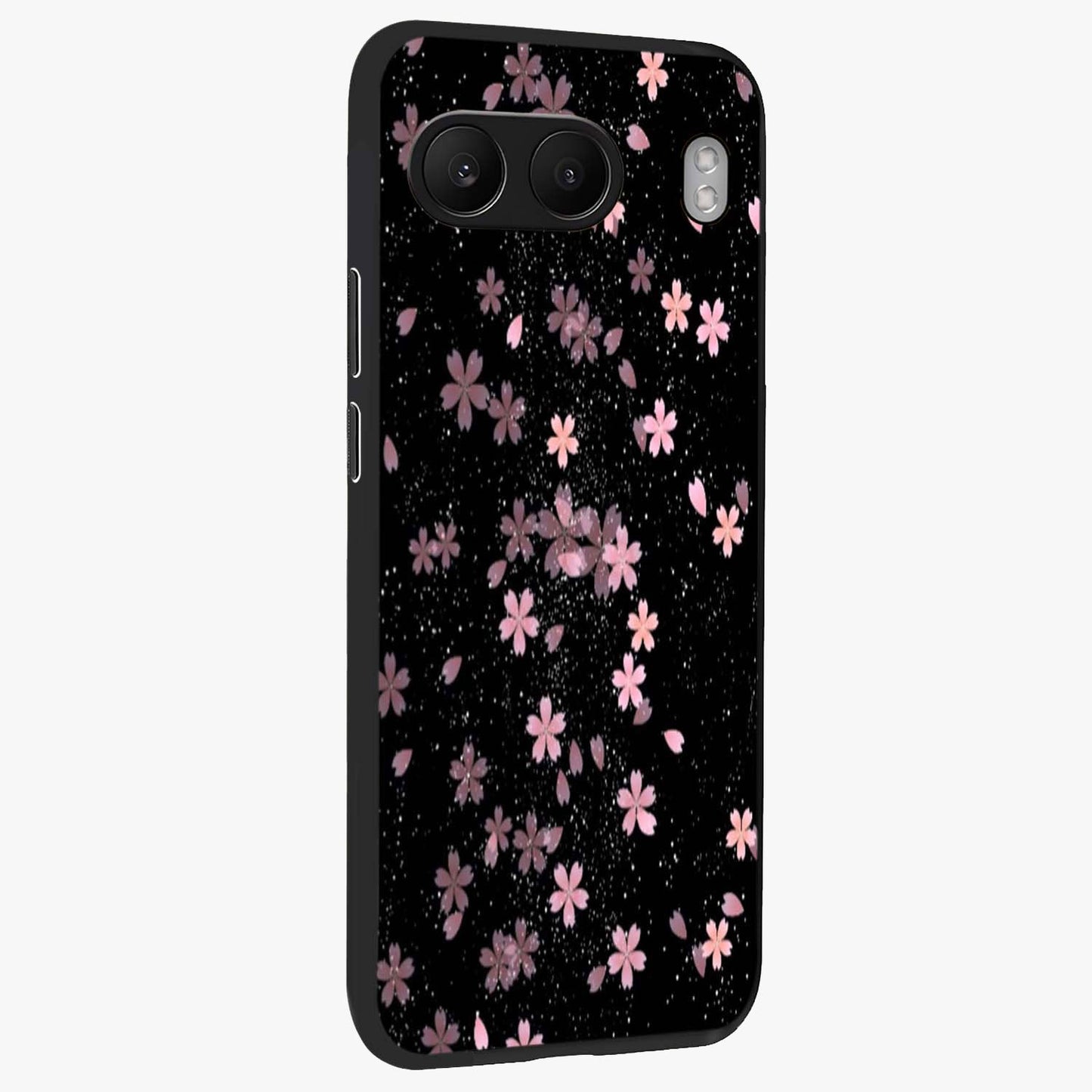 Pink Flower Black Background Glass Case for 1+Nord 4 side perspective highlighting vivid bloom textures and sleek build