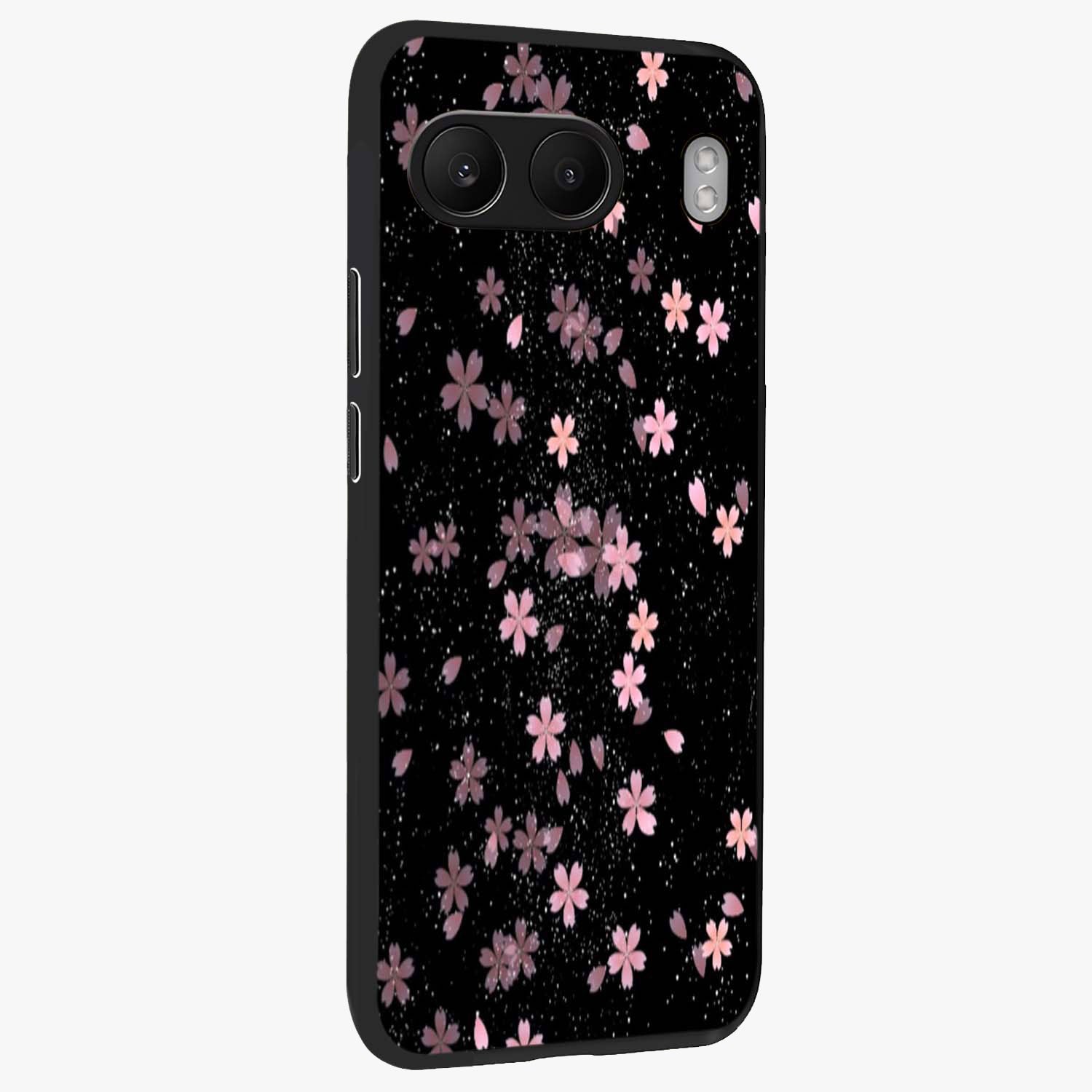 Pink Flower Black Background Glass Case for 1+Nord 4 side perspective highlighting vivid bloom textures and sleek build