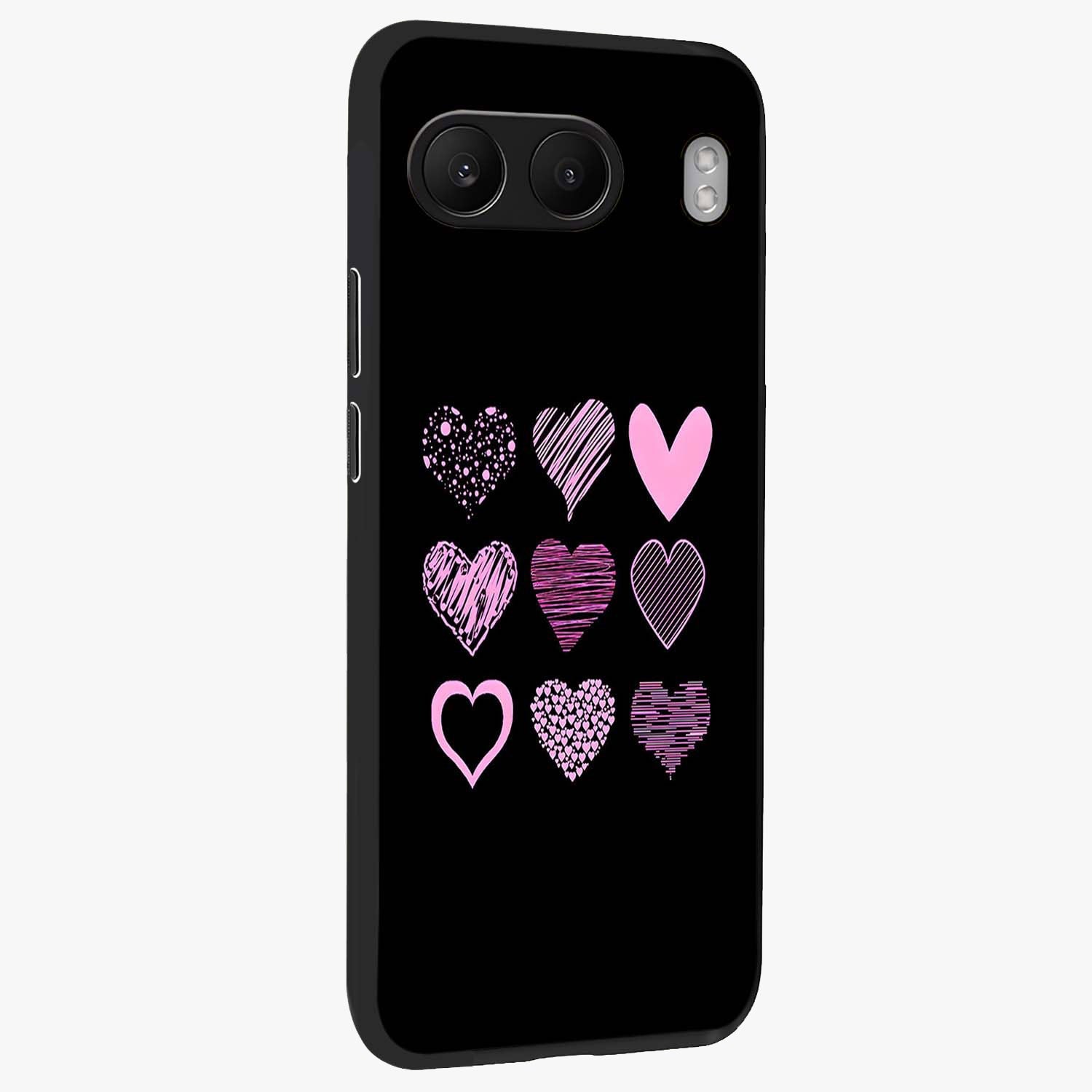 Pink Heart Aesthetic Glass Case for 1+Nord 4 side perspective highlighting smooth textures and premium edge finish