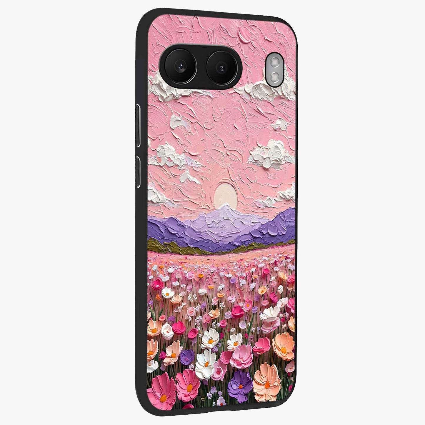 Pink Pastel Groovy Art Glass Case for 1+Nord 4 side perspective highlighting funky textures and premium edges