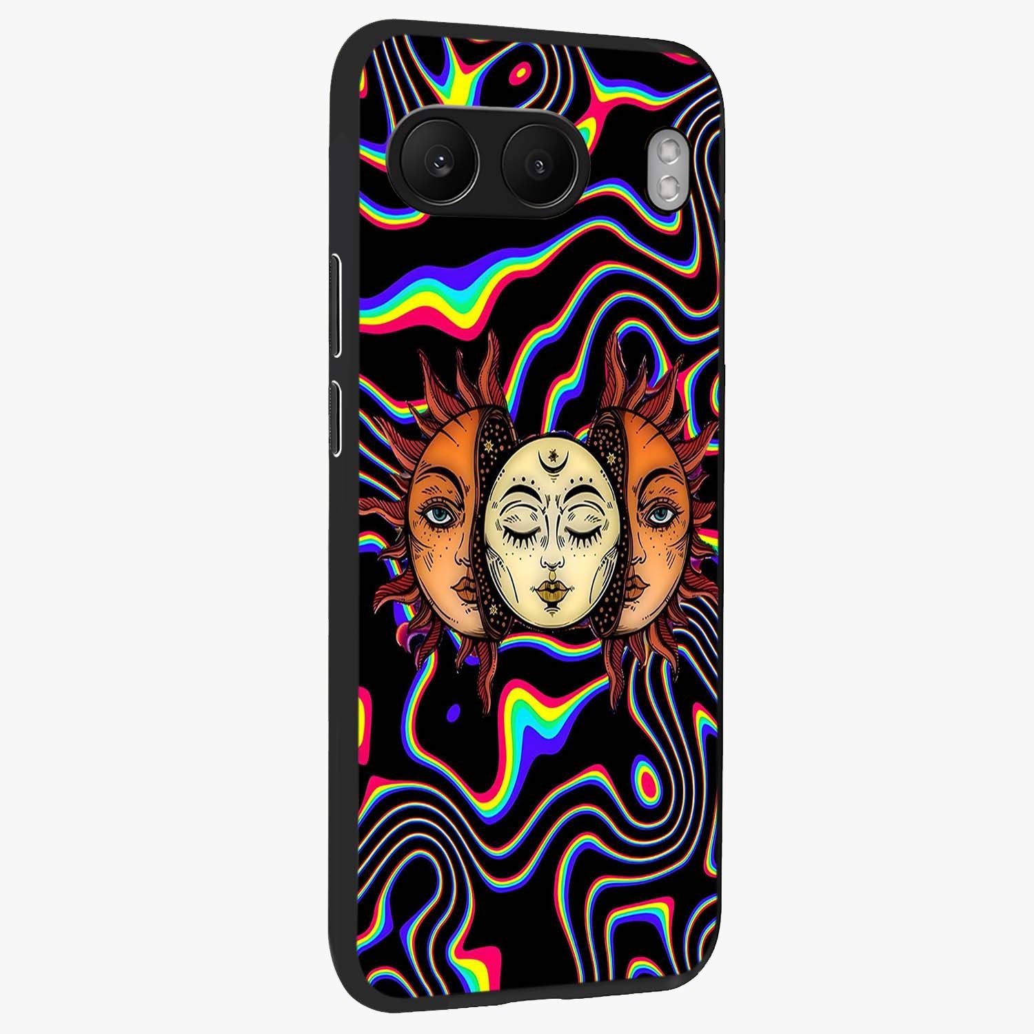 Psychedelic Sun Glass Case for 1+Nord 4 side perspective highlighting vivid gradients and premium edge finish