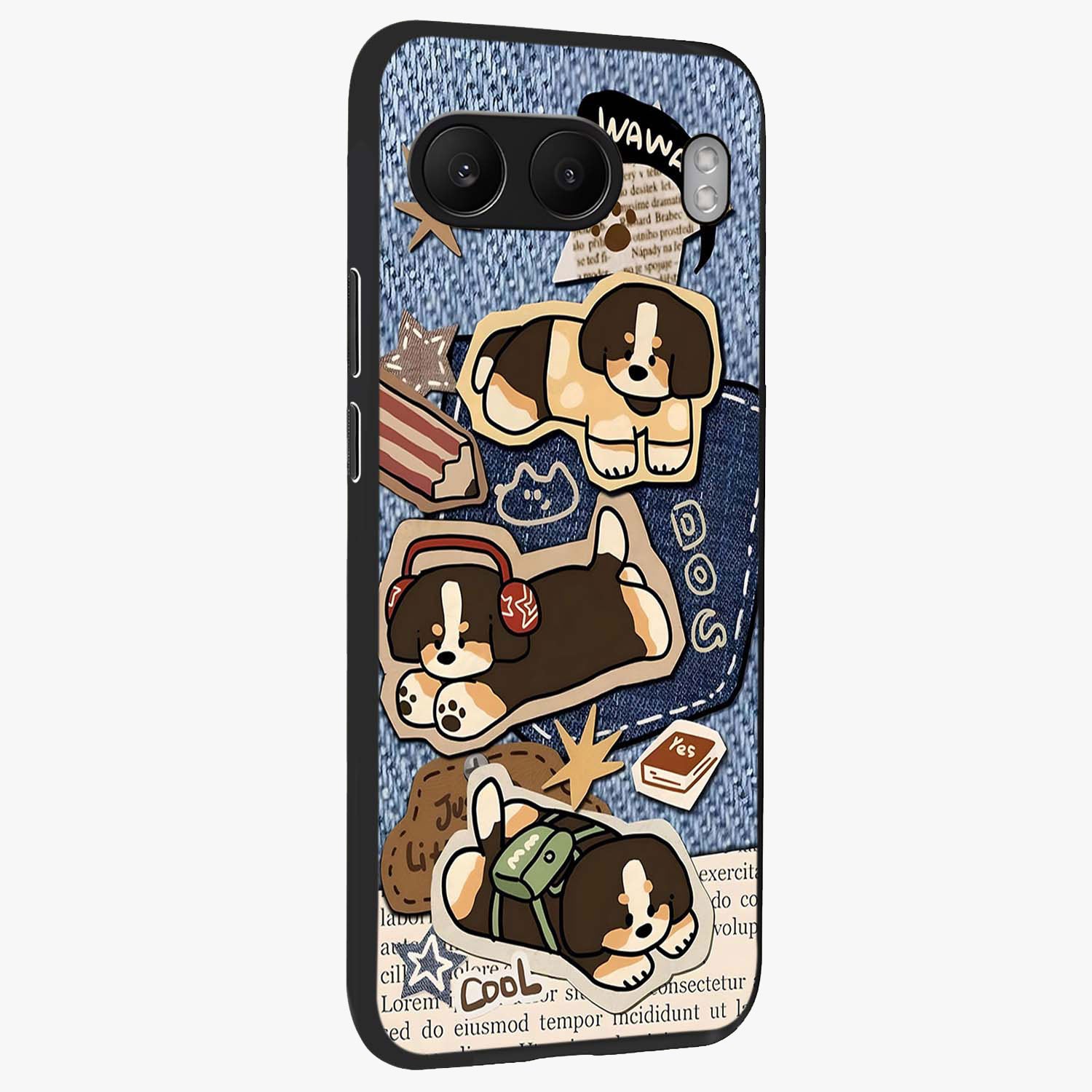 Puppy Sticker Parade Glass Case for 1+Nord 4 side perspective highlighting fun sticker textures and premium edges