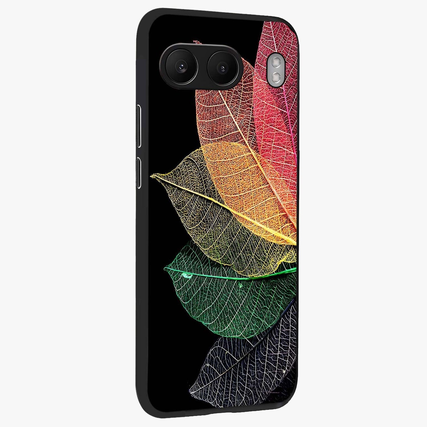 Rainbow Leaf Glow Glass Case for 1+Nord 4 side perspective highlighting bright detailing and premium edge finish