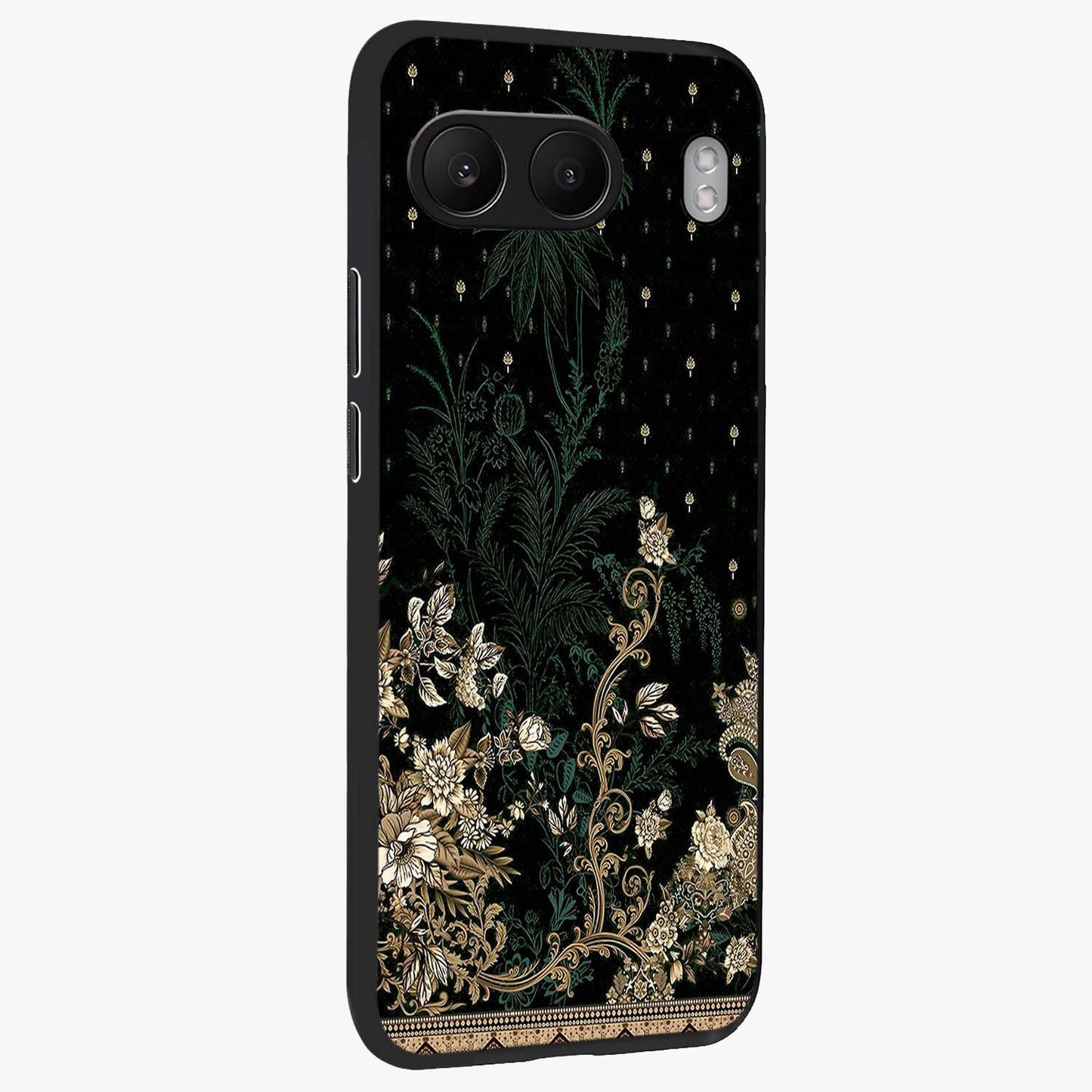 Regal Botanical Tapestry Glass Case for 1+Nord 4 side perspective highlighting detailed floral textures and sleek premium build