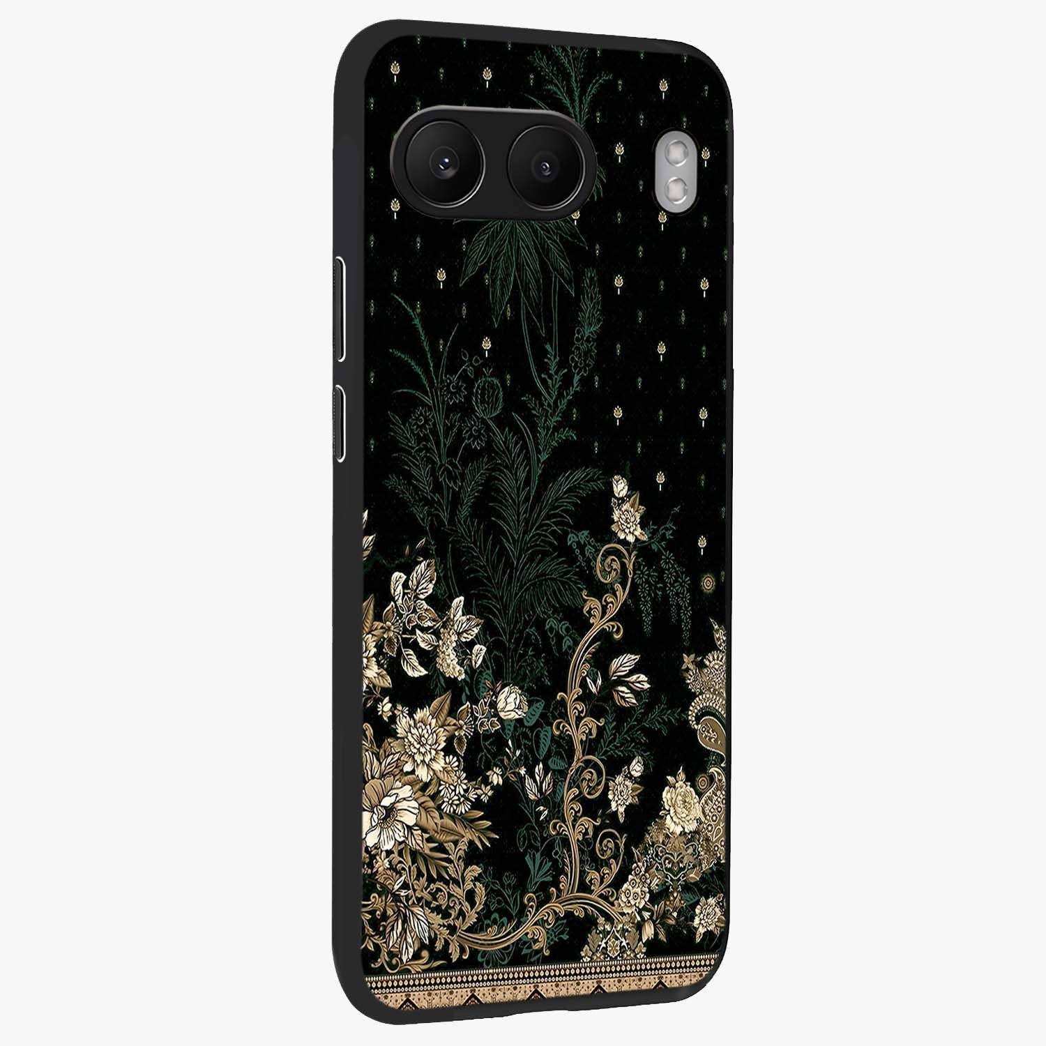 Regal Botanical Tapestry Glass Case for 1+Nord 4 side perspective highlighting detailed floral textures and sleek premium build