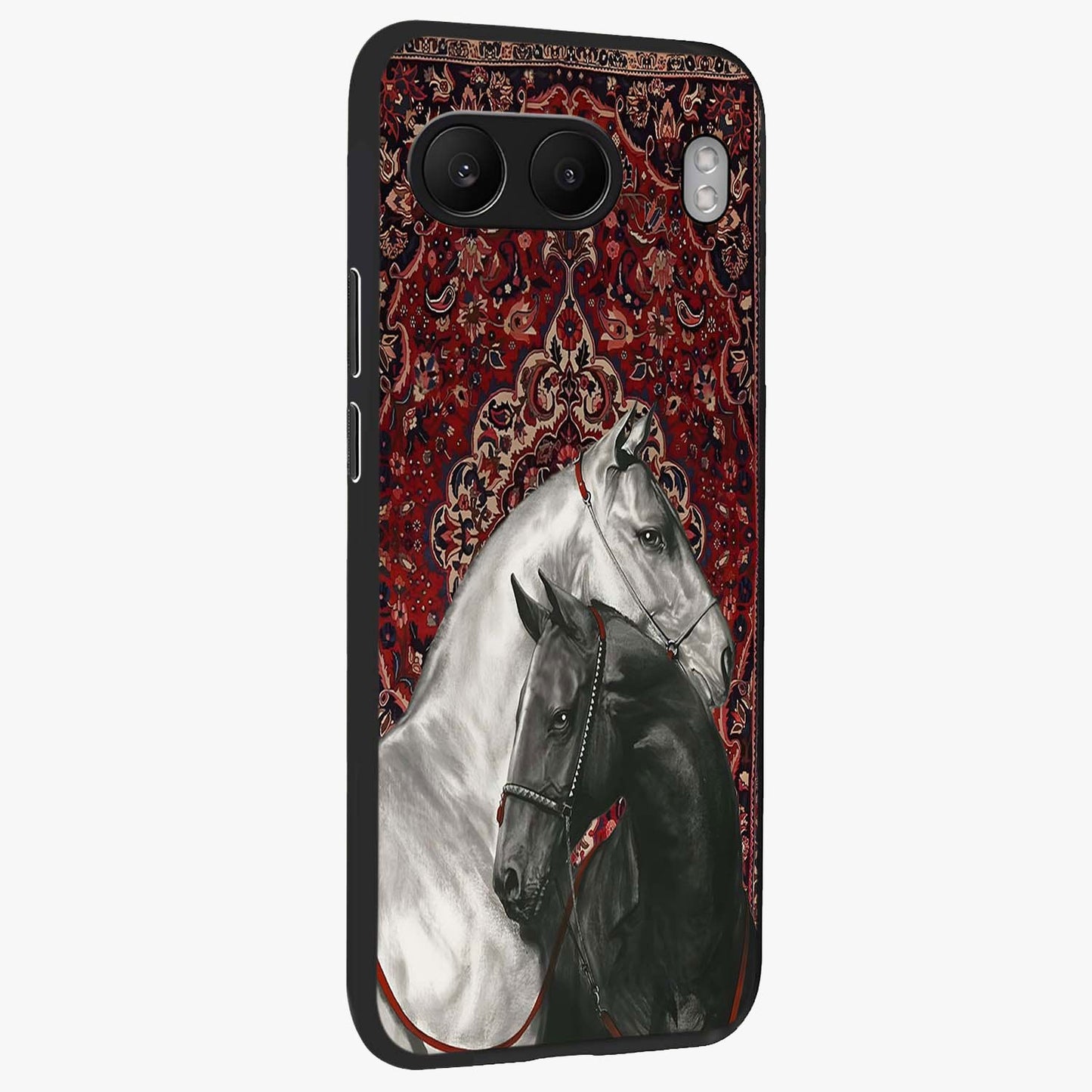 Regal Stallion Tapestry Glass Case for 1+Nord 4 side perspective highlighting intricate equestrian textures and premium edges