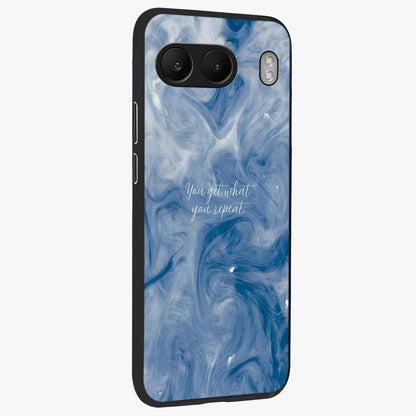 Repeat Your Destiny Glass Case for 1+Nord 4 side perspective highlighting strong text textures and premium edges