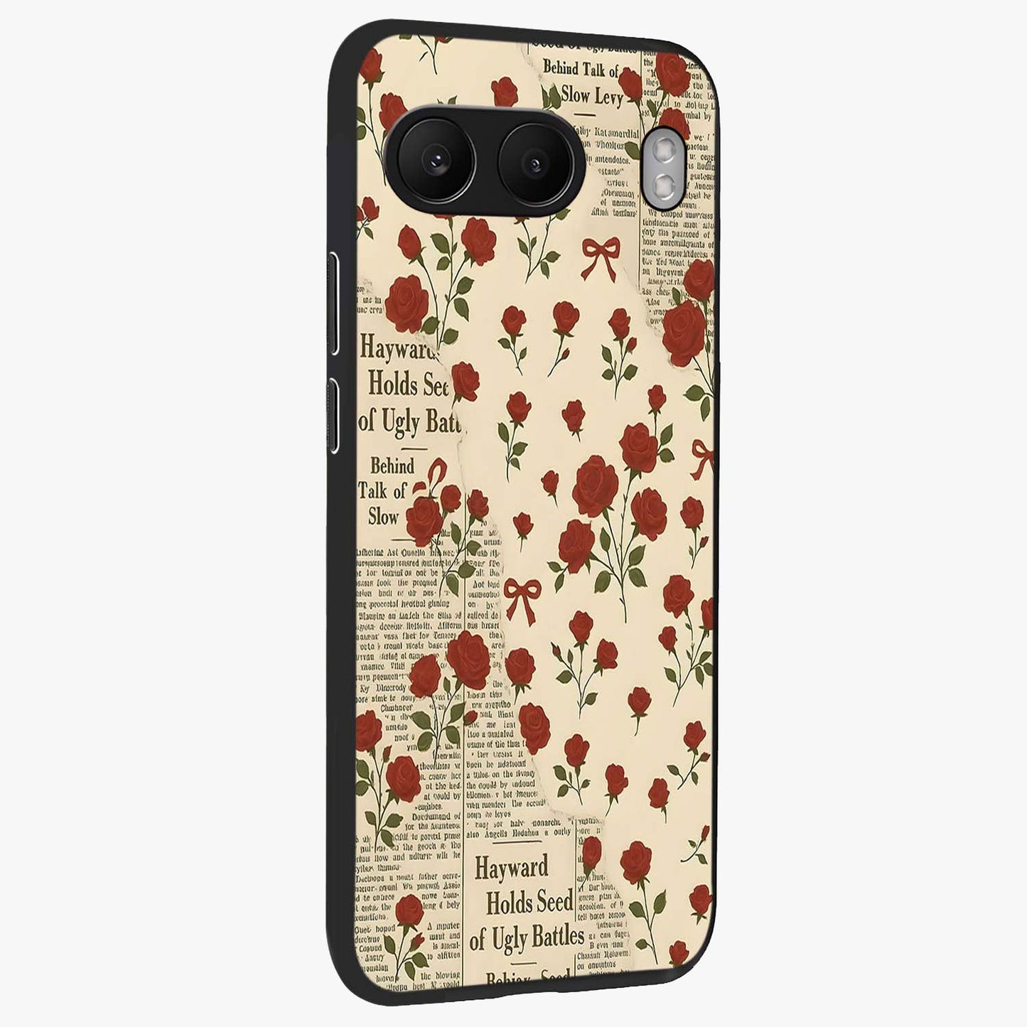 Retro Rose Journal Glass Case for 1+Nord 4 side perspective highlighting delicate floral textures and premium edges