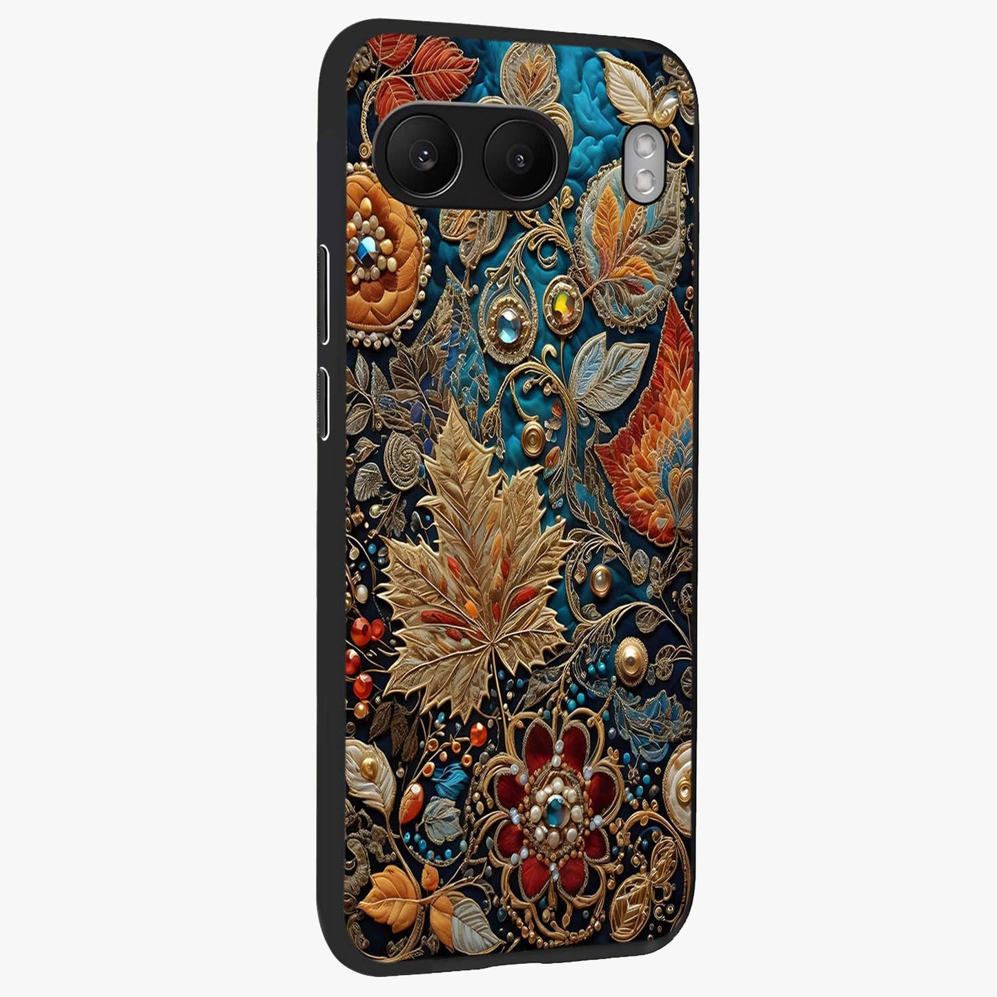 Royal Jewel Garden Glass Case for 1+Nord 4 side perspective highlighting intricate detailing and premium edges