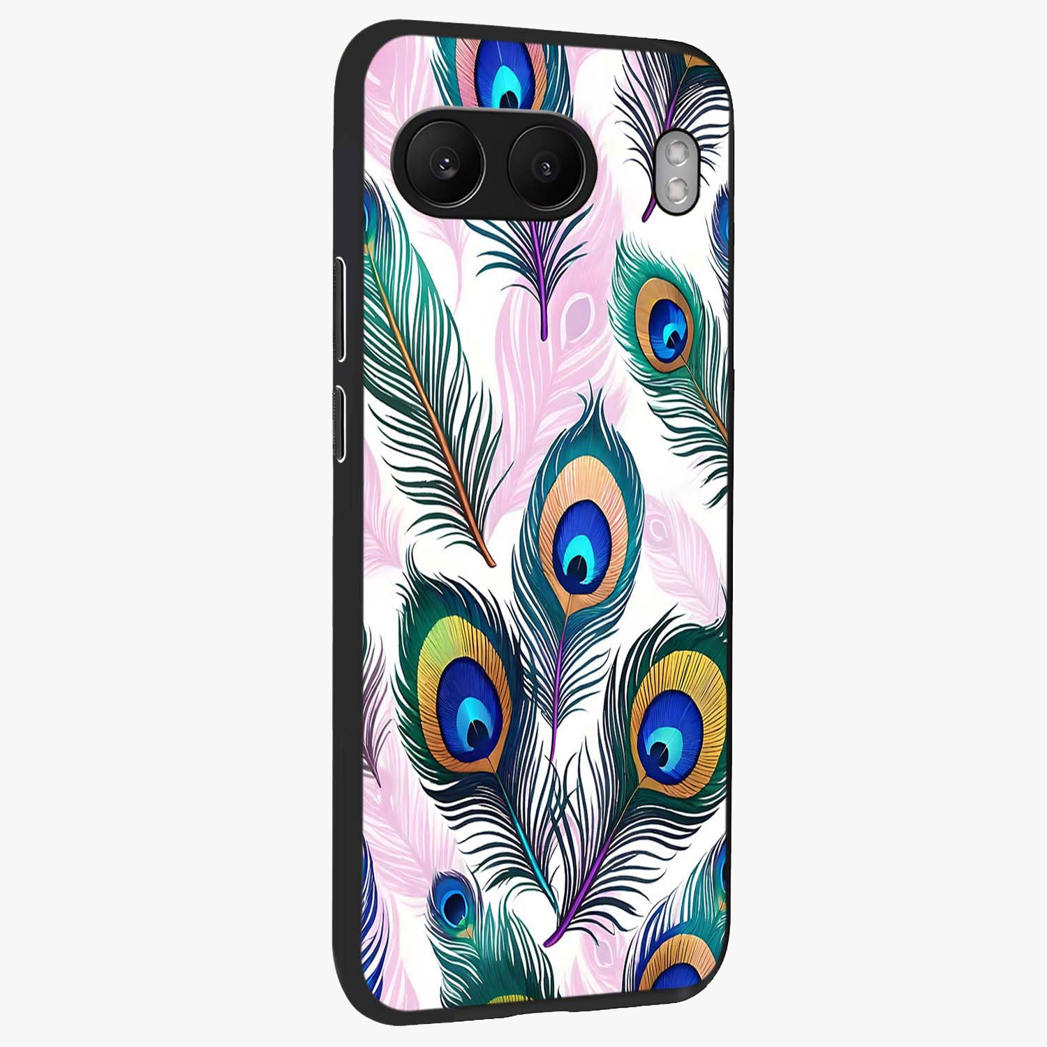 Royal Peacock Feathers Glass Case for 1+Nord 4 side perspective highlighting intricate plume textures and sleek premium build