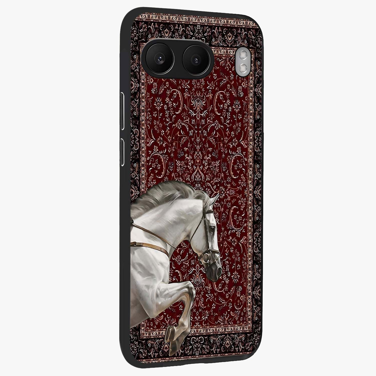 Royal Ride Rug Glass Case for 1+Nord 4 side perspective highlighting detailed pattern textures and sleek build