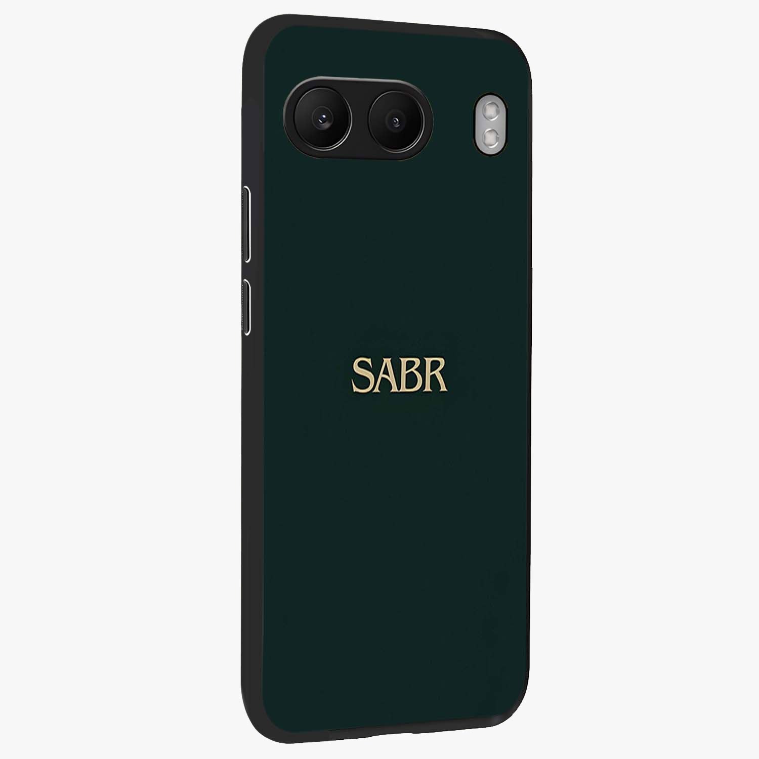 Sabr Minimal Patience Glass Case for 1+Nord 4 side perspective highlighting elegant text detailing and sleek build