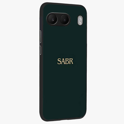 Sabr Minimal Patience Glass Case for 1+Nord 4 side perspective highlighting elegant text detailing and sleek build