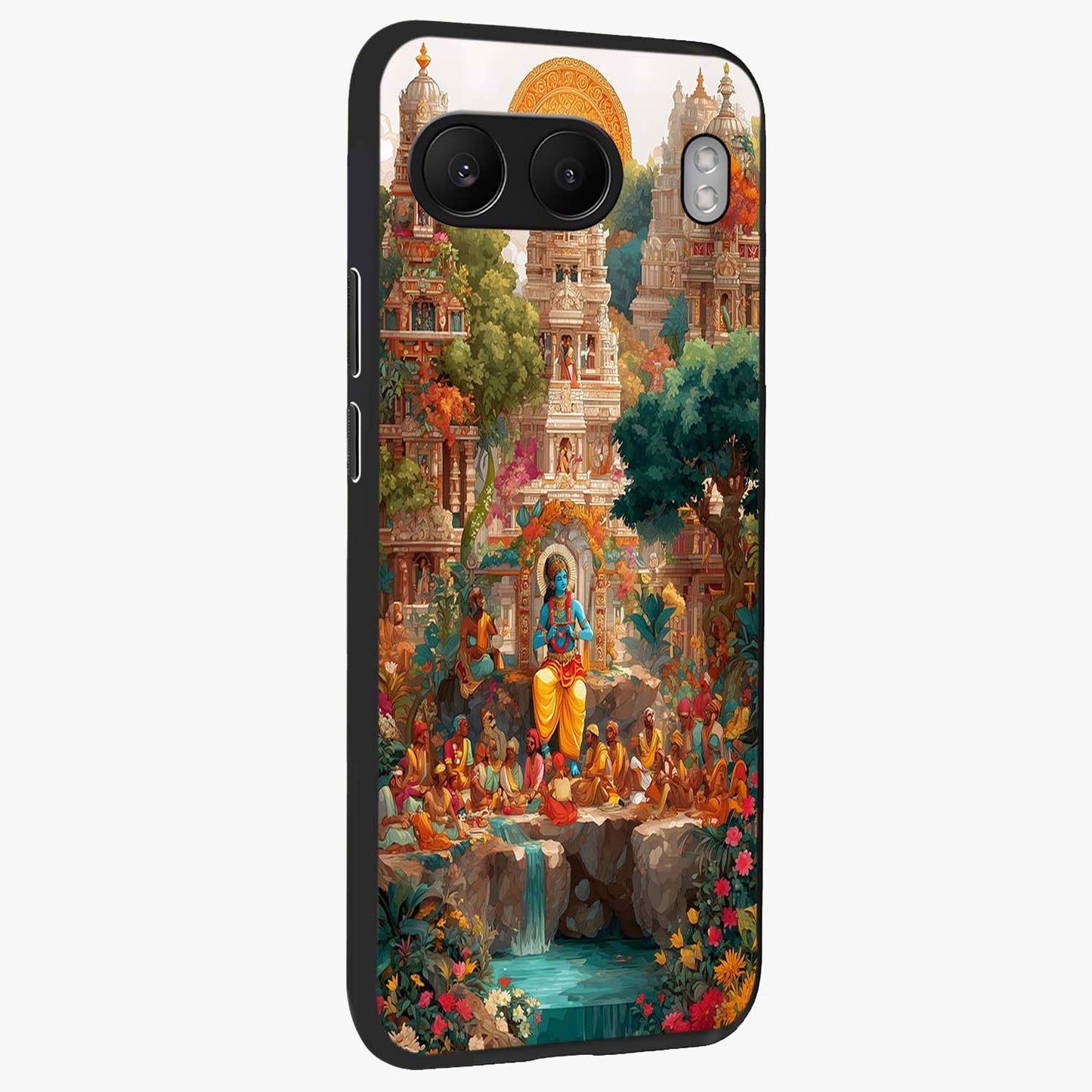 Sacred Sunlight Gods Glass Case for 1+Nord 4 side perspective highlighting intricate spiritual detailing and smooth build