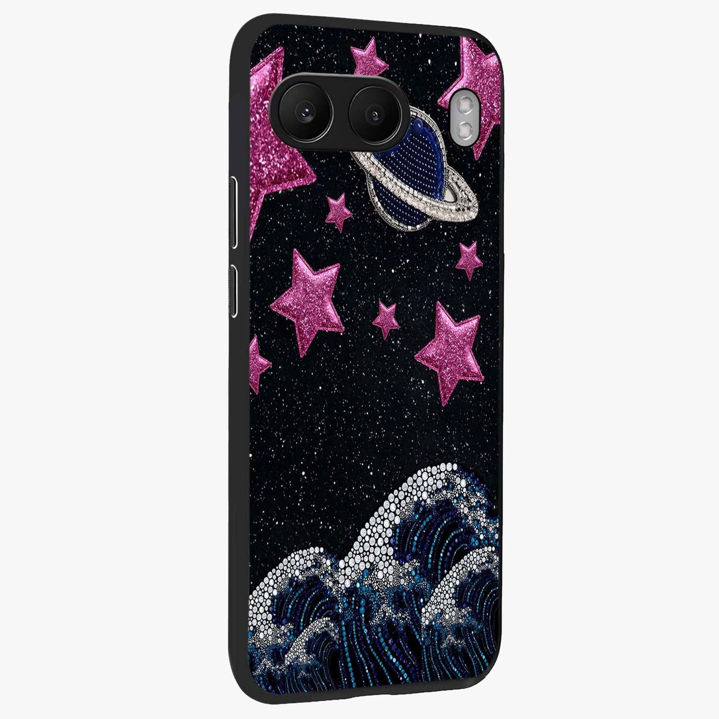 Saturn Pink Storm Glass Case for 1+Nord 4 side perspective highlighting planetary textures and premium edges