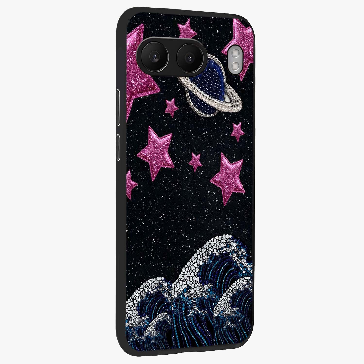 Saturn Pink Storm Glass Case for 1+Nord 4 side perspective highlighting planetary textures and premium edges