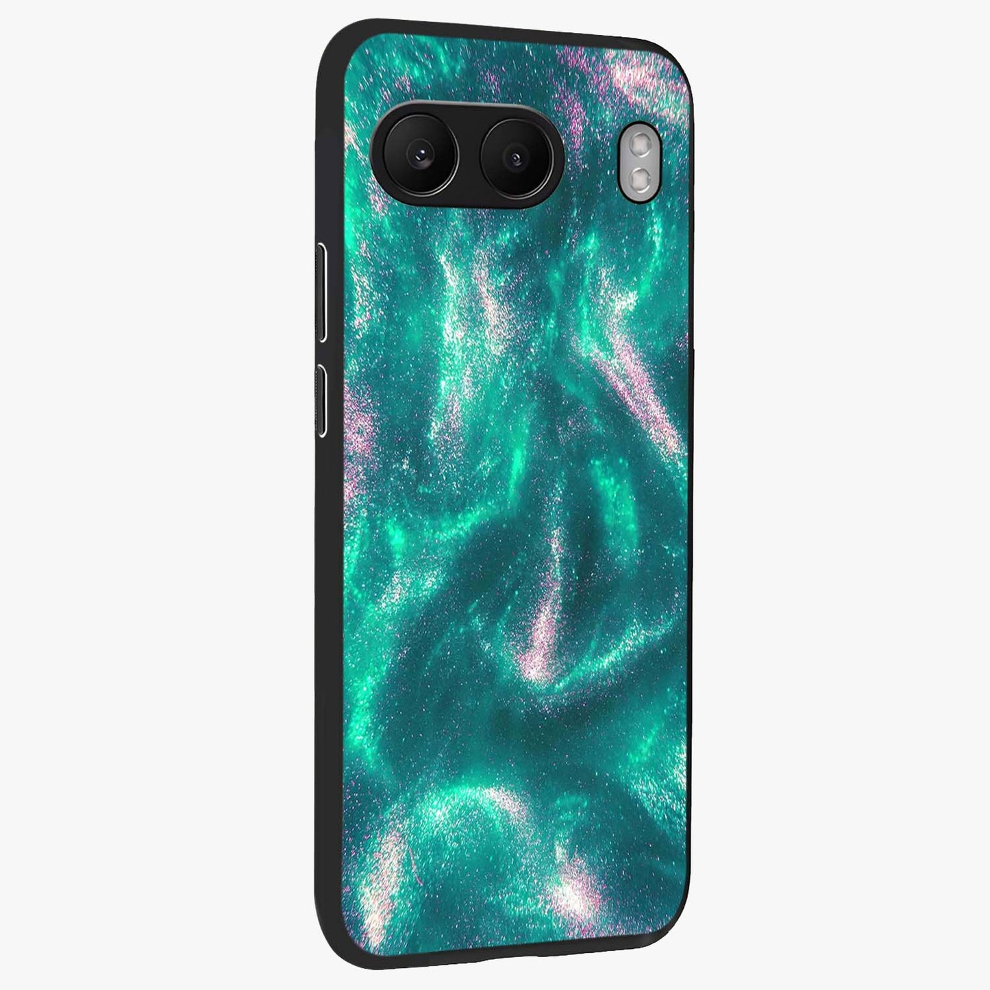 Shimmering Nebula Waves Glass Case for 1+Nord 4 side perspective highlighting luminous textures and smooth build