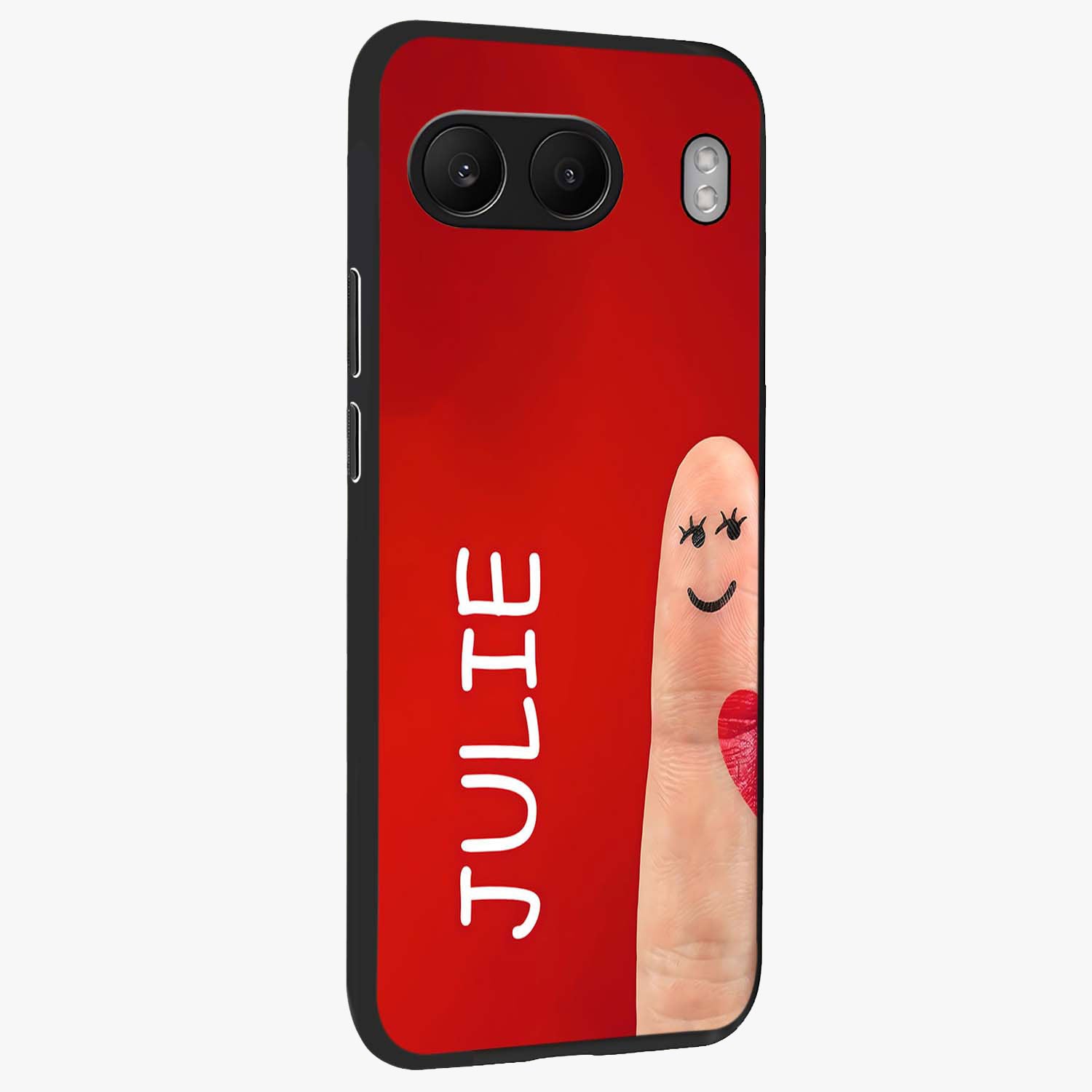 Smiling Love Sign Glass Case for 1+Nord 4 side perspective highlighting playful textures and premium edges