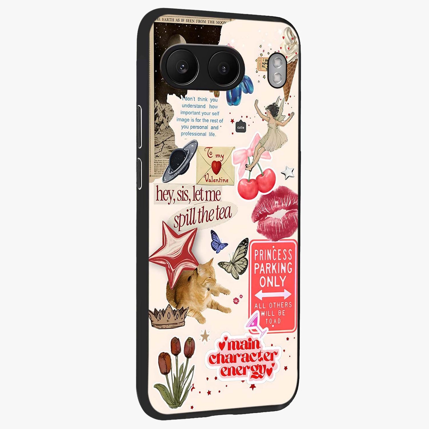 Spill the Tea Retro Collage Glass Case for 1+Nord 4 side perspective highlighting layered textures and sleek build