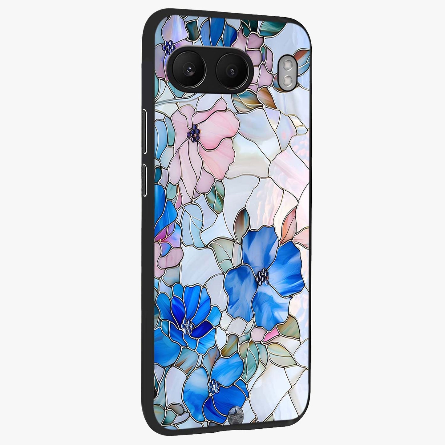 Stained Blue Floral Glass Case for 1+Nord 4 side perspective highlighting intricate bloom textures and premium edges