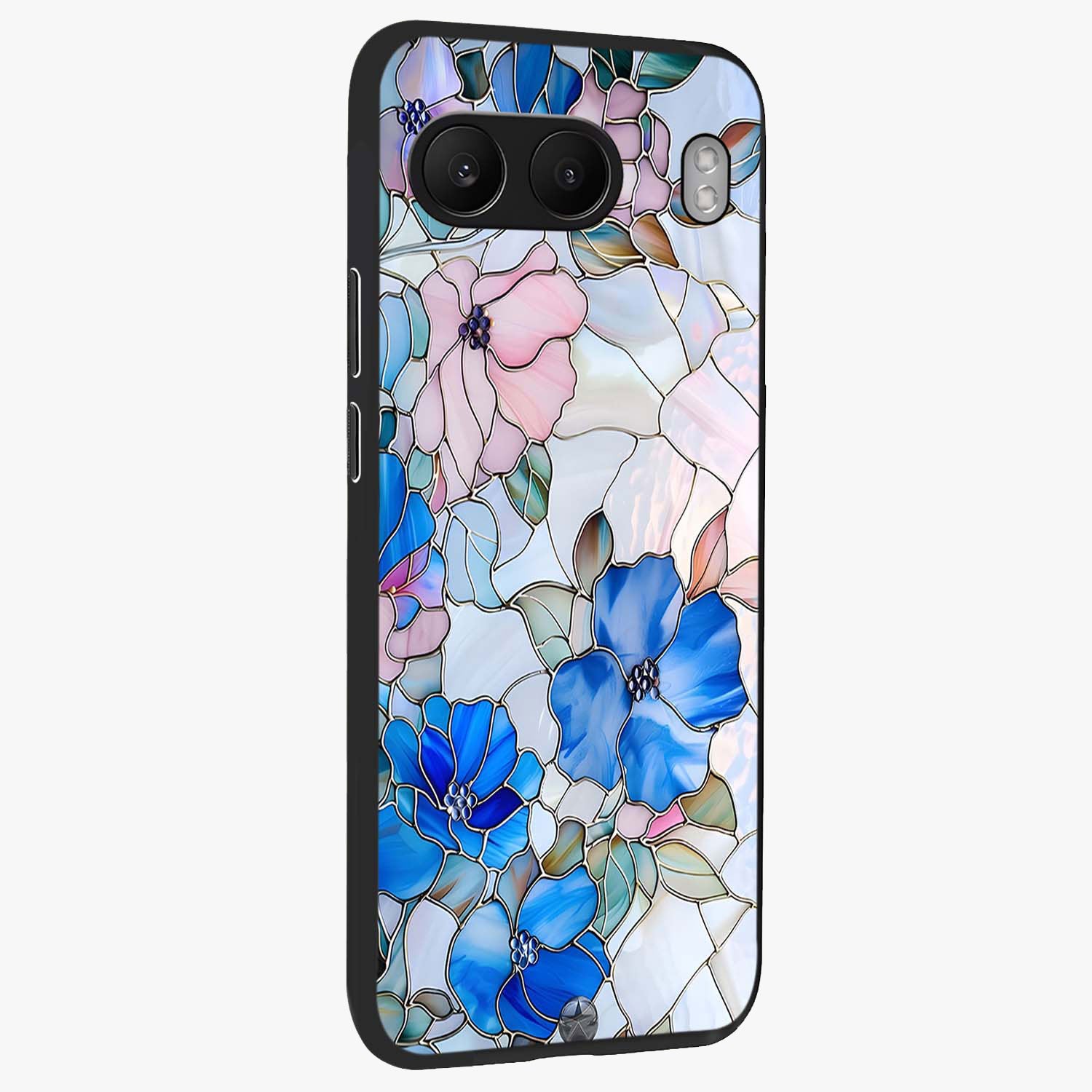 Stained Blue Floral Glass Case for 1+Nord 4 side perspective highlighting intricate bloom textures and premium edges